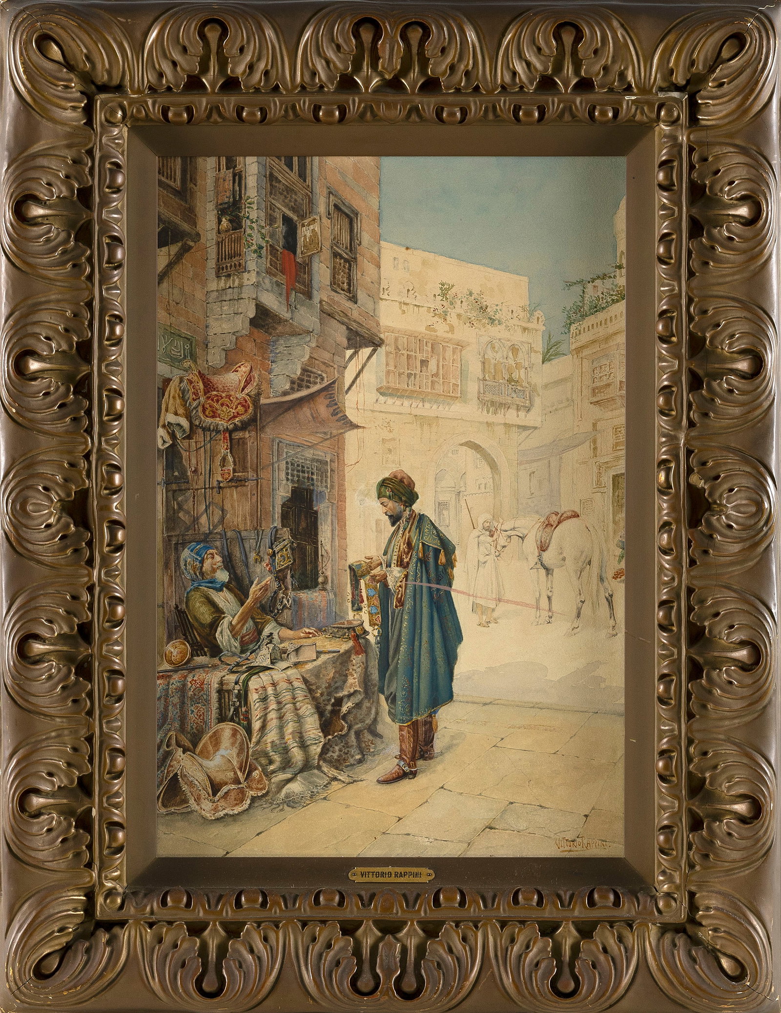 VITTORIO RAPPINI (Italy, 1877-1939), Middle Eastern street merchants., Watercolor on board, 21.75" x (1 of 2)