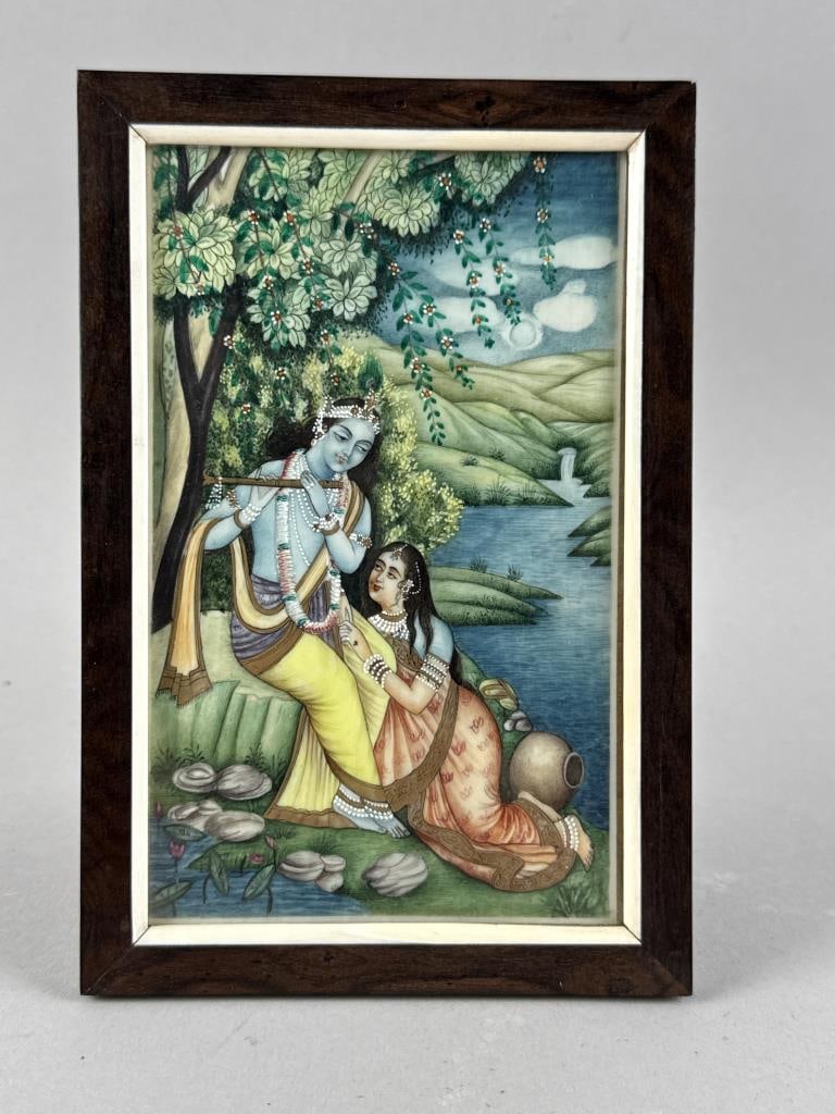 FINELY DETAILED INDIAN PAINTING OF KRISHNA AND AN ATTENDANT Late 19th/Early 20th Century Panel 6" x: Y Y FINELY DETAILED INDIAN PAINTING OF KRISHNA AND AN ATTENDANT Late 19th/Early 20th Century Gilt highlights. Unsigned. Panel 6" x 3.625". Framed 6.875" x 4.625". CITES is a multilateral treaty to pro