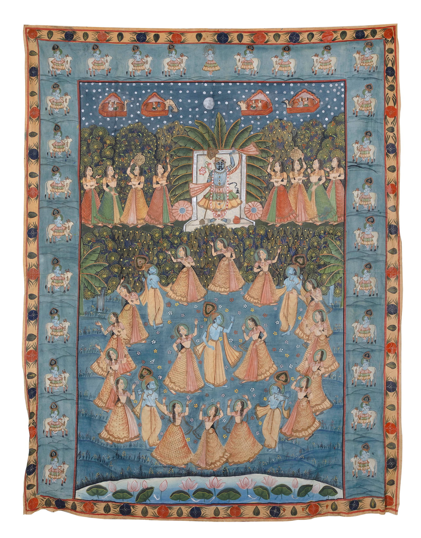 INDO-PERSIAN PICHWAI-STYLE OIL PAINTING ON CLOTH 20th Century 89" x 63".: INDO-PERSIAN PICHWAI-STYLE OIL PAINTING ON CLOTH 20th Century Depicts a celebratory scene with a deity and attendants in a garden. 89" x 63".