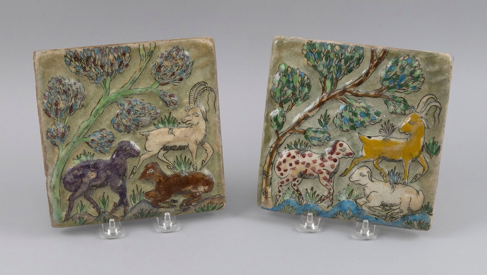 PAIR OF PERSIAN POLYCHROME CERAMIC TILES 20th Century 7" x 7". (1 of 3)