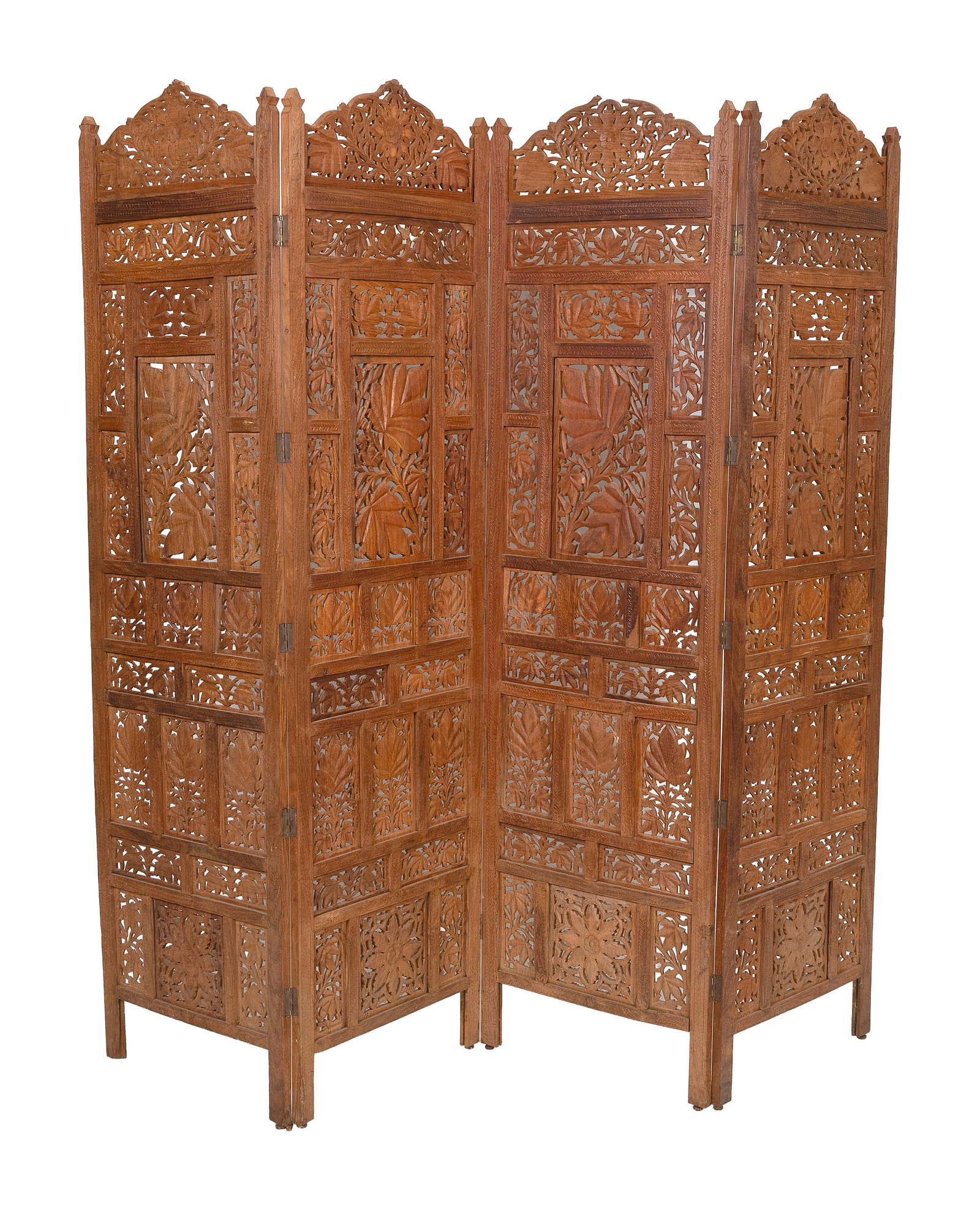 PERSIAN CARVED WOODEN FOUR-PANEL SCREEN 20th Century Height 72". Width closed 20". (1 of 2)