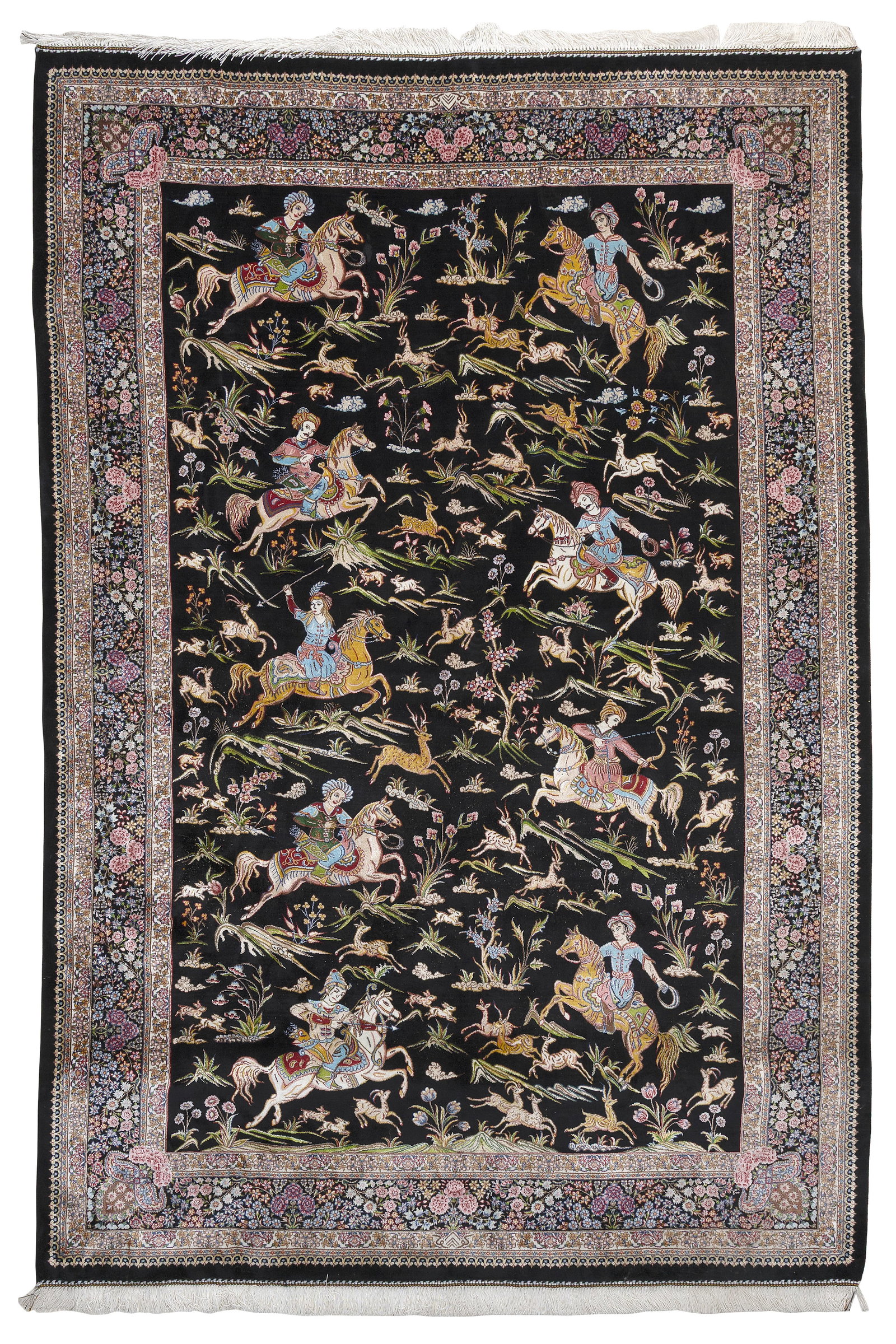 HUNTING DESIGN CARPET 3'11" X 5'10" 21st Century: HUNTING DESIGN CARPET 3'11" X 5'10" 21st Century Several elaborately attired riders, both men and women, pursue various game with a variety of weapons across an ink black field. Bright ivory and ink b