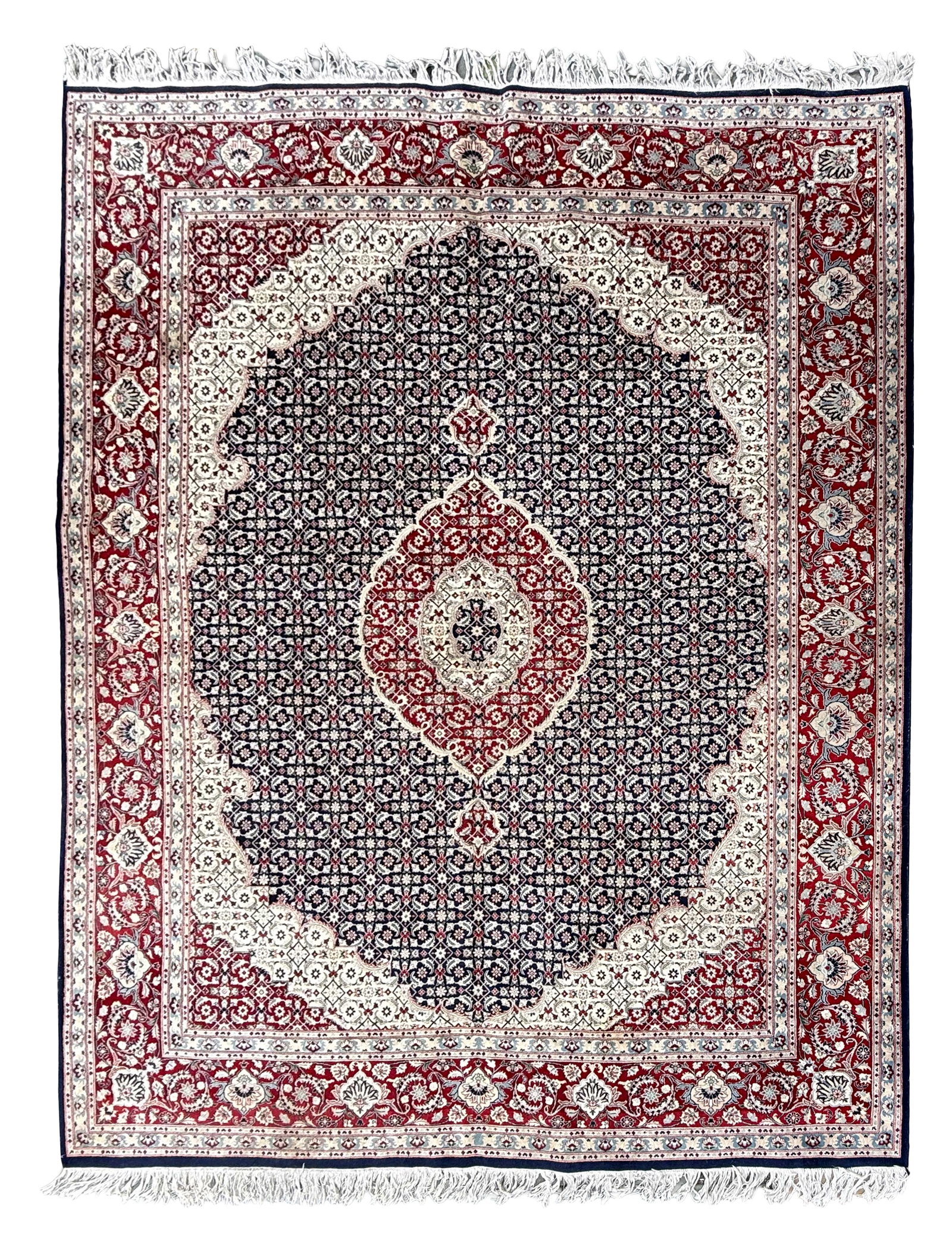 BIDJAR DESIGN RUG: 8'1" X 10'2" Late 20th Century: BIDJAR DESIGN RUG: 8'1" X 10'2" Late 20th Century Uninterrupted dark red, navy blue, tan and beige Herati pattern covers overlapping medallions and the field. Garrus vines and Shah Abbas and turtle mo