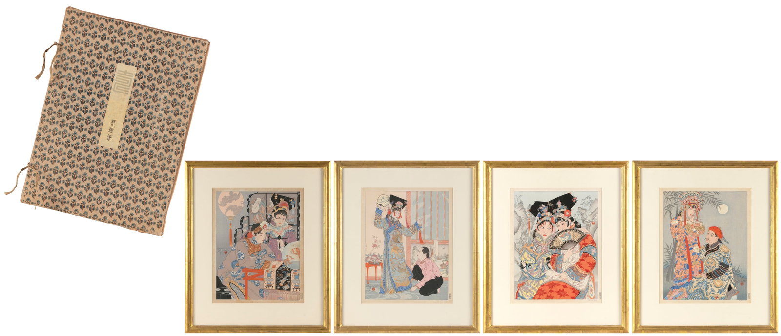 PAUL JACOULET (France/Japan, 1902-1960), Complete set of five Dames Chinoises et Madchoues (#s: PAUL JACOULET France/Japan, 1902-1960 Complete set of five Dames Chinoises et Madchoues (#s 81-85) from the Bat Series, with original fabric and board portfolio: 1) "Le Bocal de poissons rouges". 2) "