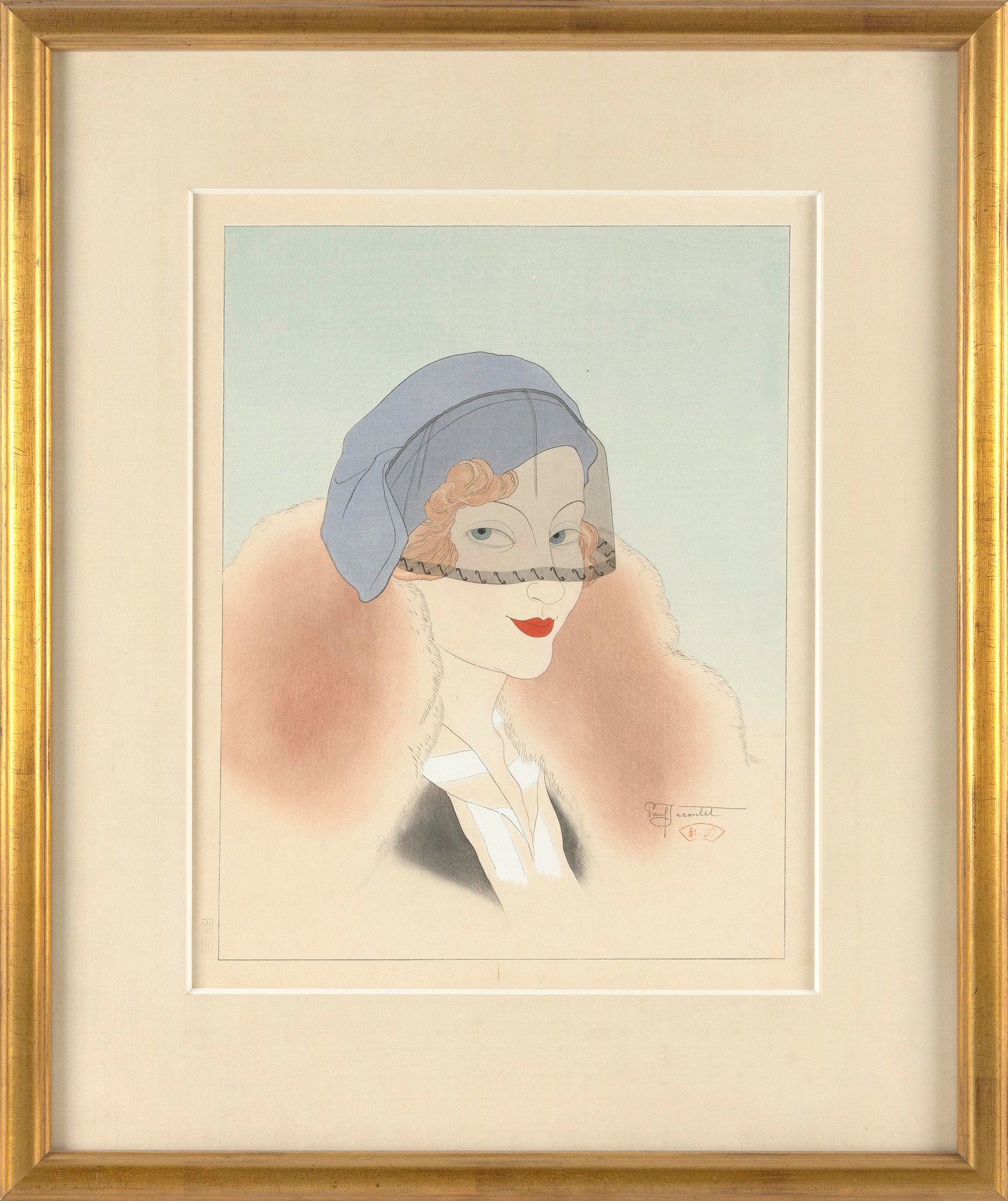 PAUL JACOULET (France/Japan, 1902-1960), Parisienne. (#6)., Woodblock print, 17" x 13" sight. Sheet: PAUL JACOULET France/Japan, 1902-1960 Parisienne. (#6). Signed in pencil lower left above the Fan seal. Seal of the carver, Kazuo Yamagishi, lower left margin. Woodblock print, 17" x 13" sight. Sheet 