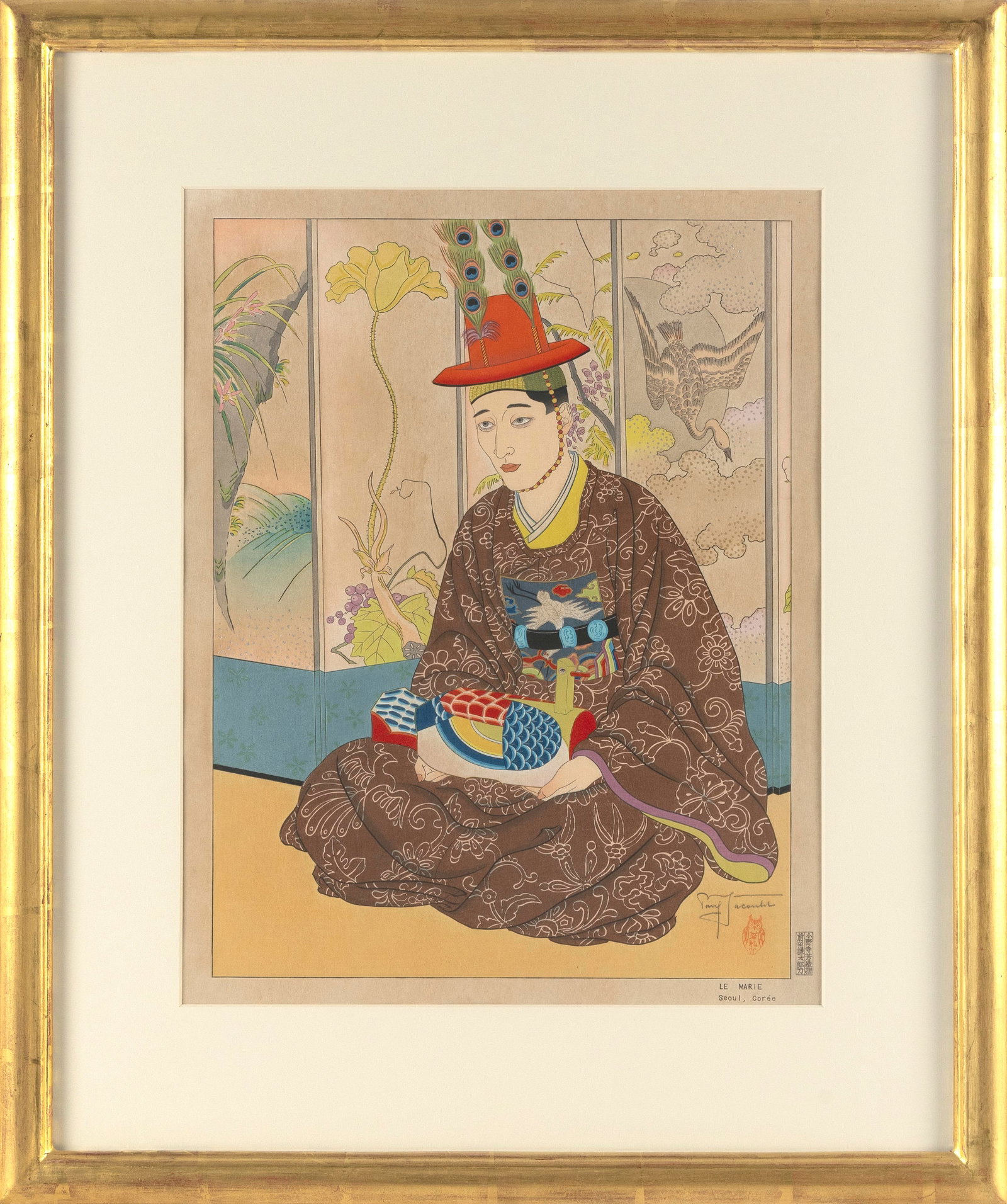 PAUL JACOULET (France/Japan, 1902-1960), "Le Marie. Seoul, Coree" (#92)., Woodblock print, 17" x 13": PAUL JACOULET France/Japan, 1902-1960 "Le Marie. Seoul, Coree" (#92). Published November 12, 1950. Signed in pencil lower right above the Owl seal. Seals of the carver, Kentaro Maeda, and printer, Mat