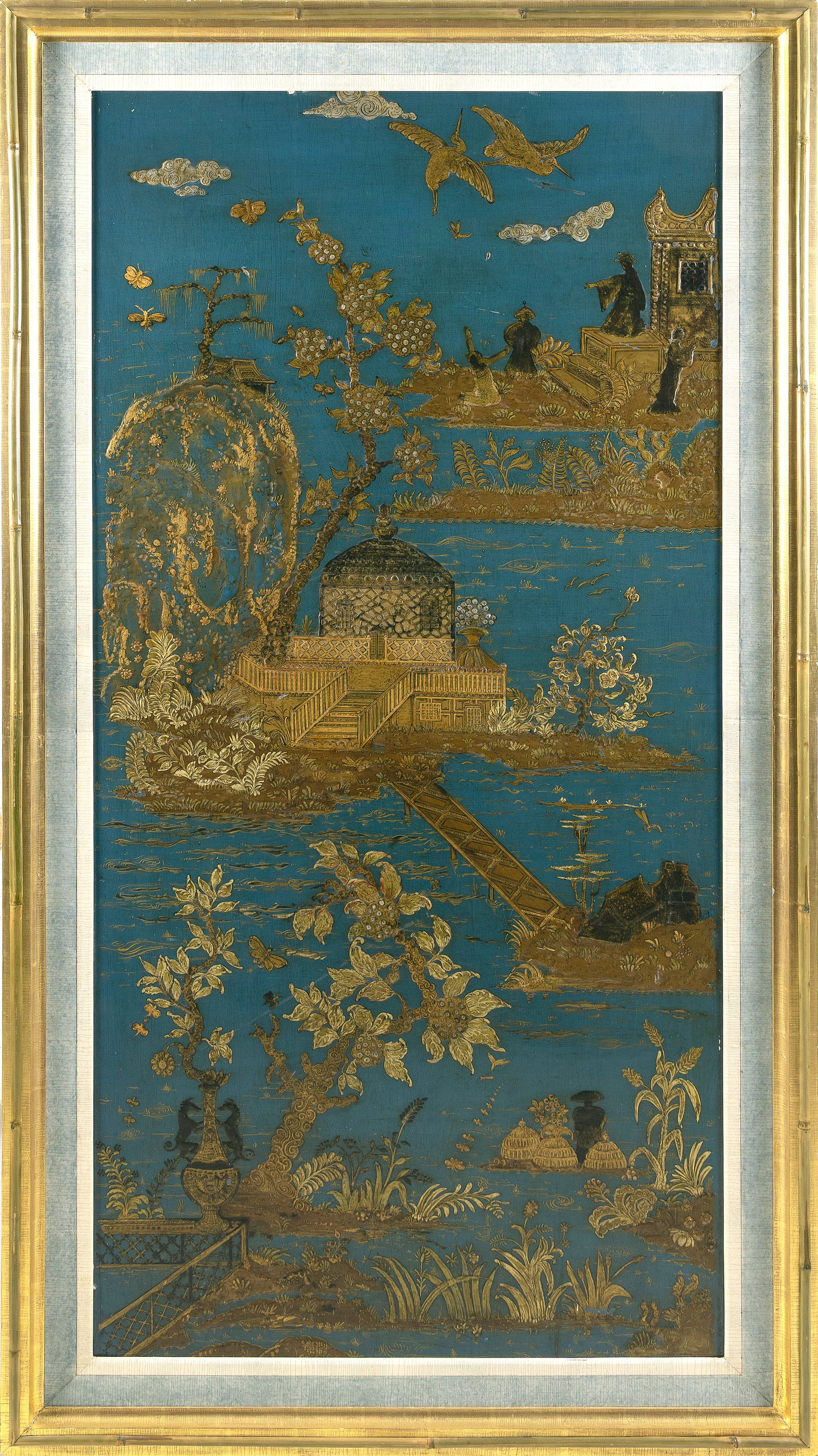 GILT CHINOISERIE-DECORATED WOOD PANEL Early 20th Century Panel 64" x 31". Framed 73" x 40". (1 of 2)
