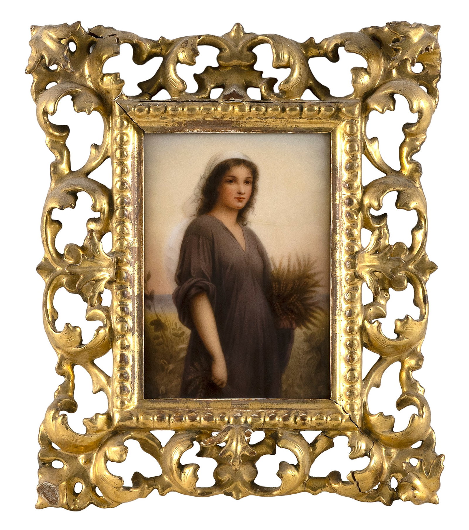 AFTER CHARLES Z. LANDELLE (France, 19th Century), "Ruth", a KPM-style portrait of a young woman with: AFTER CHARLES Z. LANDELLE France, 19th Century "Ruth", a KPM-style portrait of a young woman with a sheaf of wheat. Old label verso with handwritten "Ruth", "161" and "Landelle". Stamped "Germany" ver