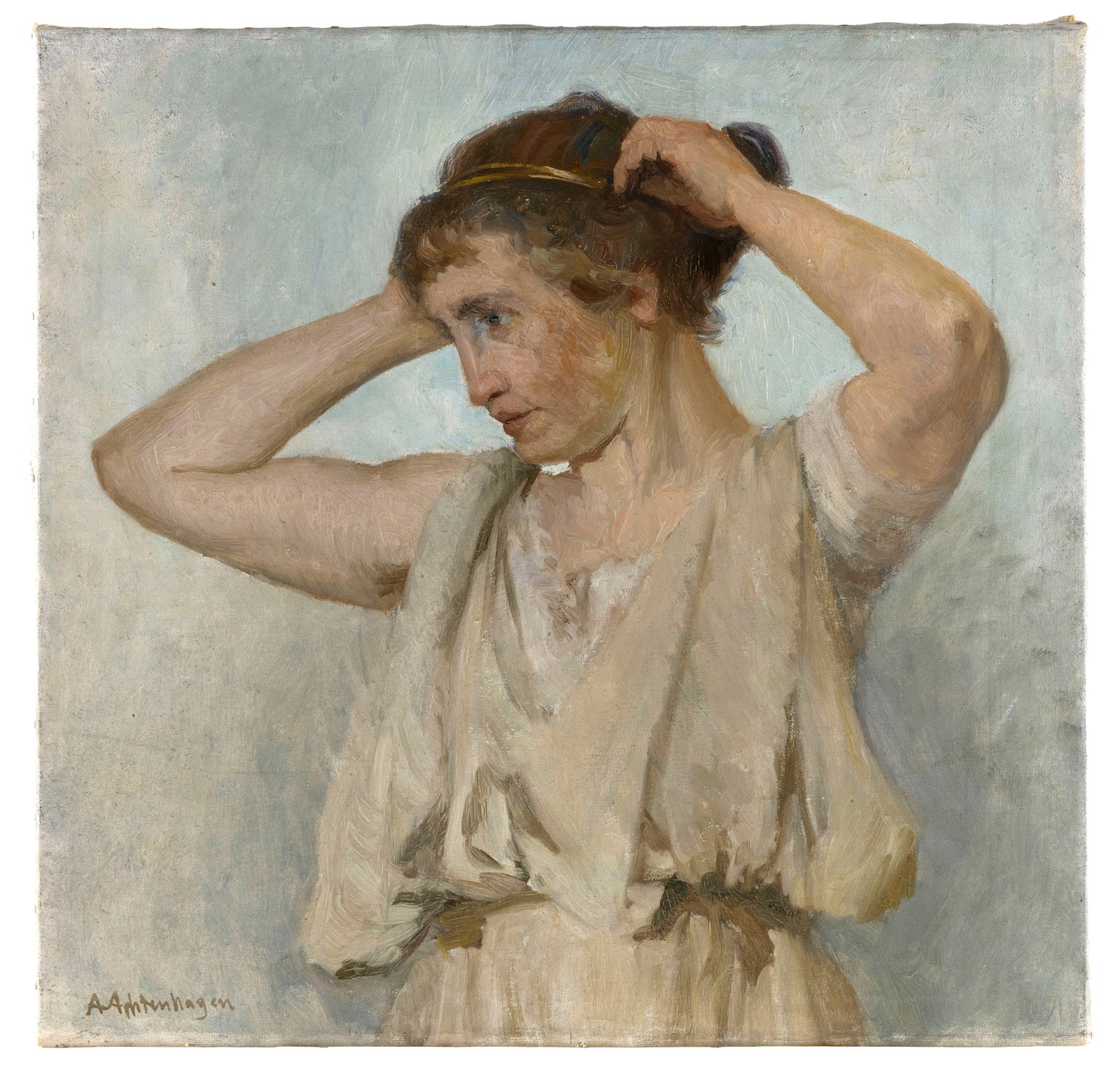 AUGUST ACHTENHAGEN (Germany, 1865-1938), A woman fixing her hair., Oil on canvas, 22" x 23".: AUGUST ACHTENHAGEN Germany, 1865-1938 A woman fixing her hair. Signed lower left "A. Achtenhagen". Oil on canvas, 22" x 23". Unframed.