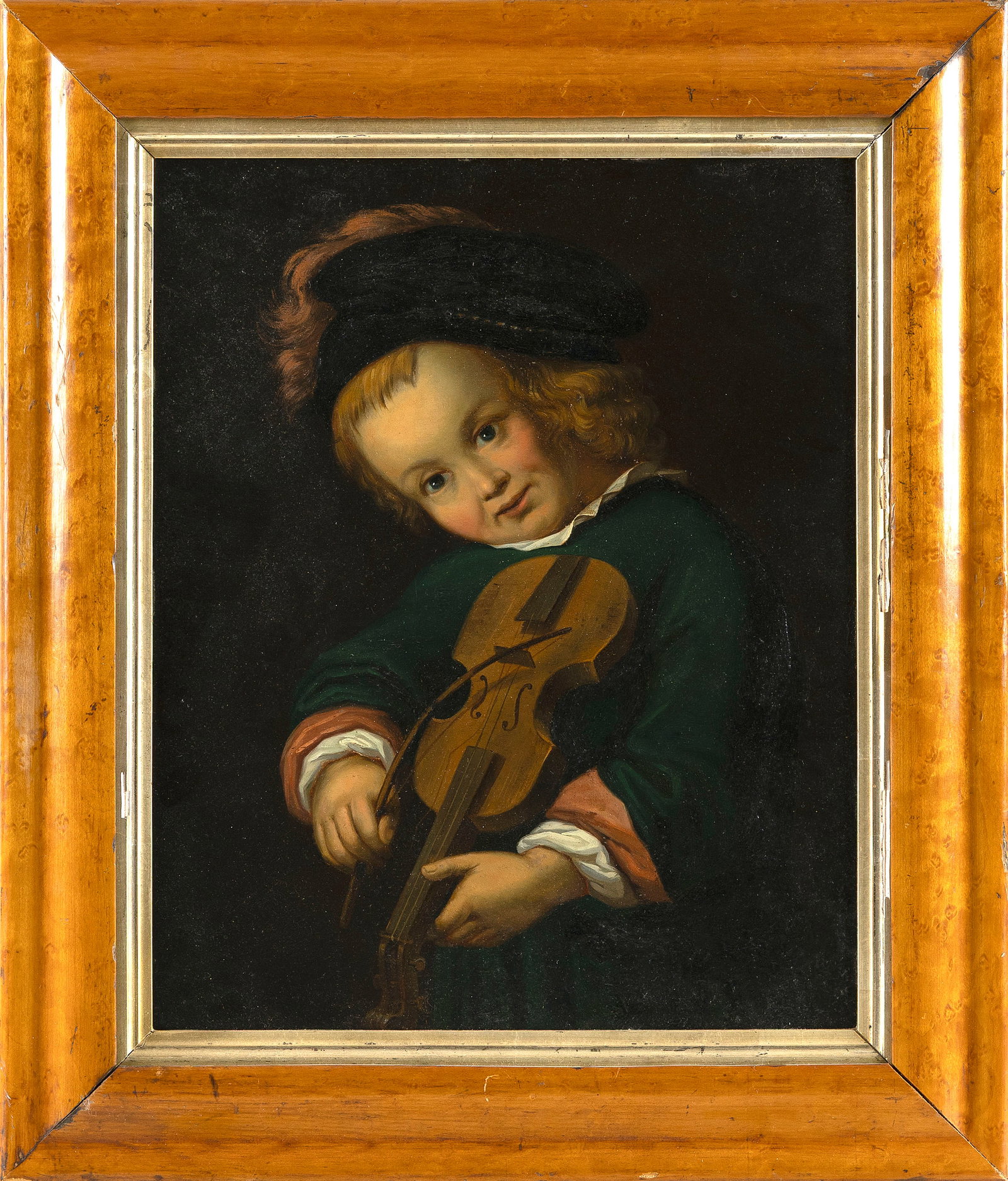 CONTINENTAL SCHOOL , Boy with a violin., Oil on tin, 13" x 10.25" sight. Framed 18" x 15.25". (1 of 2)