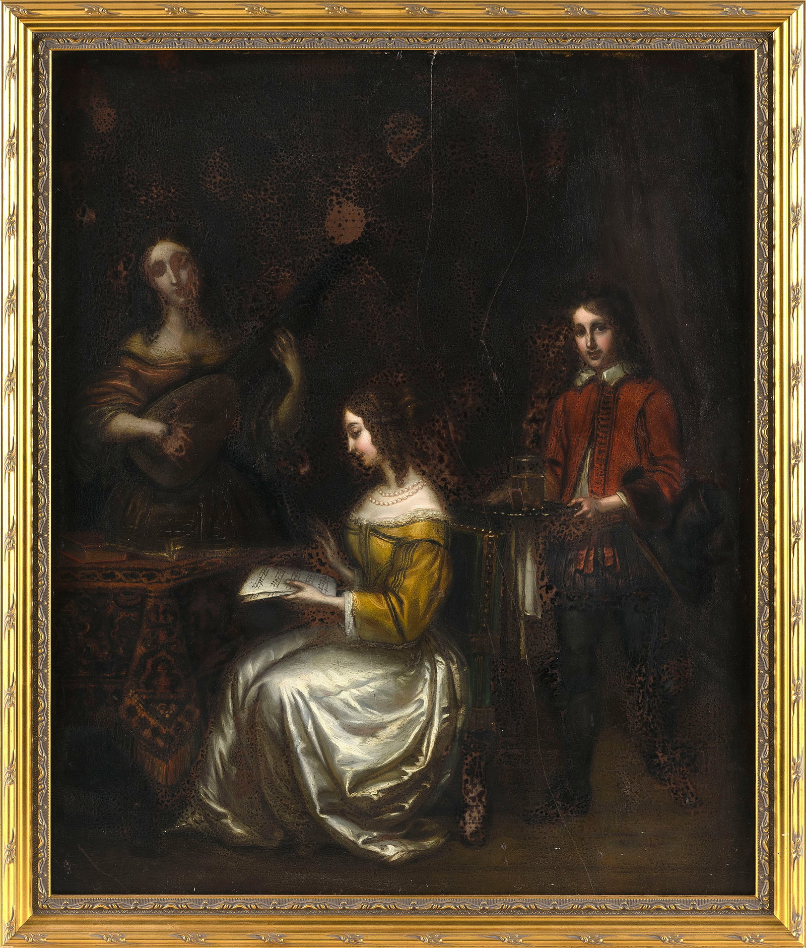 CONTINENTAL SCHOOL (19th Century,), Interior figural scene., Oil on panel, 26" x 21". Framed 29" x (1 of 2)