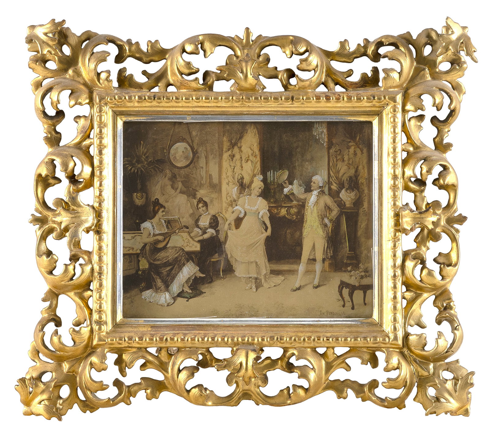 AFTER FRANZ VON PERSOGLIA (Austria, 19th Century), Salon scene with musicians and dancers., Print: AFTER FRANZ VON PERSOGLIA Austria, 19th Century Salon scene with musicians and dancers. Signed lower right "F.V. Persoglia". Collector's label verso marked "Lucille". Housed in a rococo giltwood frame