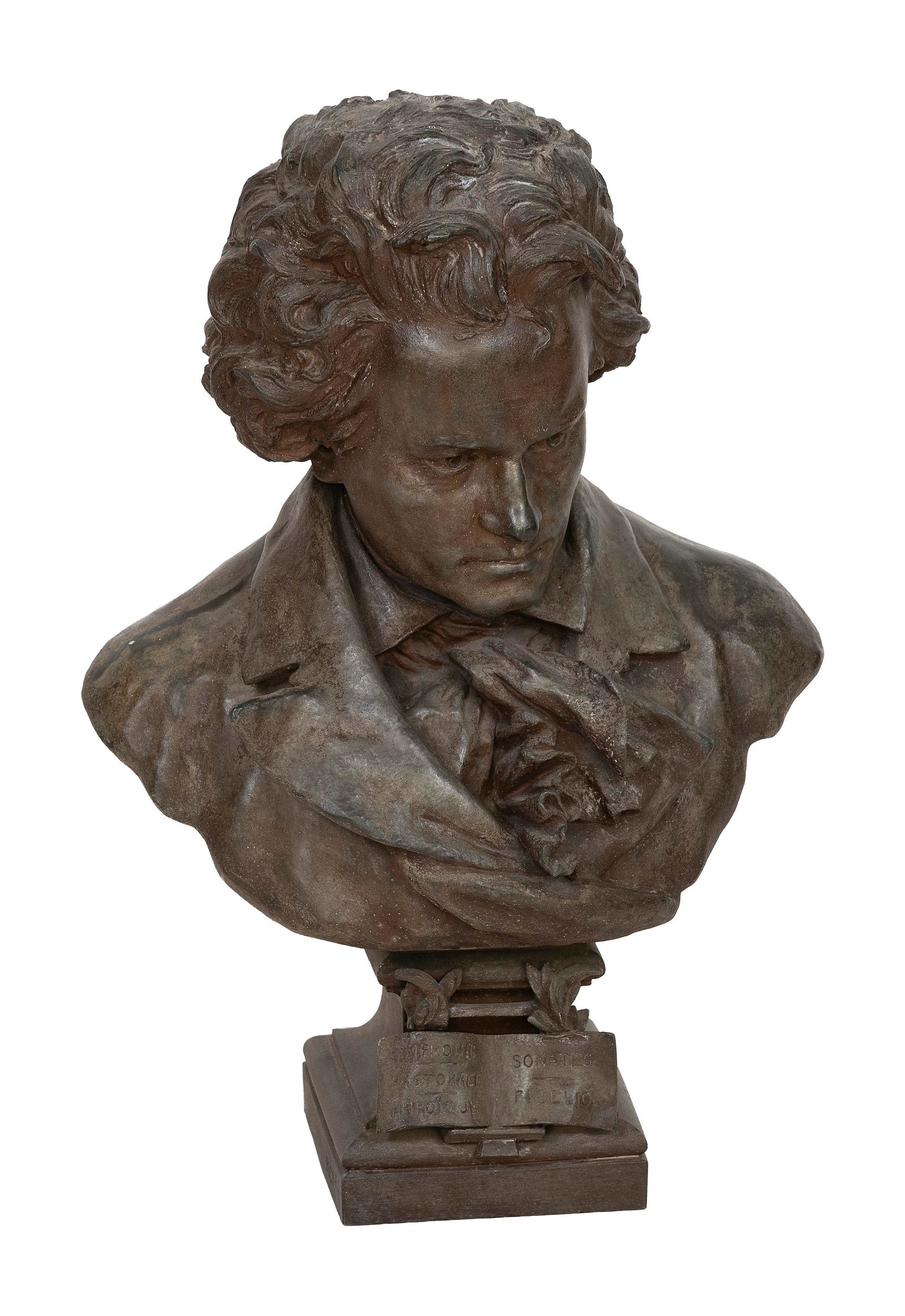 GASTON VEUVENOT LEROUX (France, 1854-1942), Bust of composer Ludwig Von Beethoven, Cast bronze,: GASTON VEUVENOT LEROUX France, 1854-1942 Bust of composer Ludwig Von Beethoven with a book on the socle open to "Symphonie Pastorale Heroique" and "Sonates Fidelio". Cast bronze, height 26".