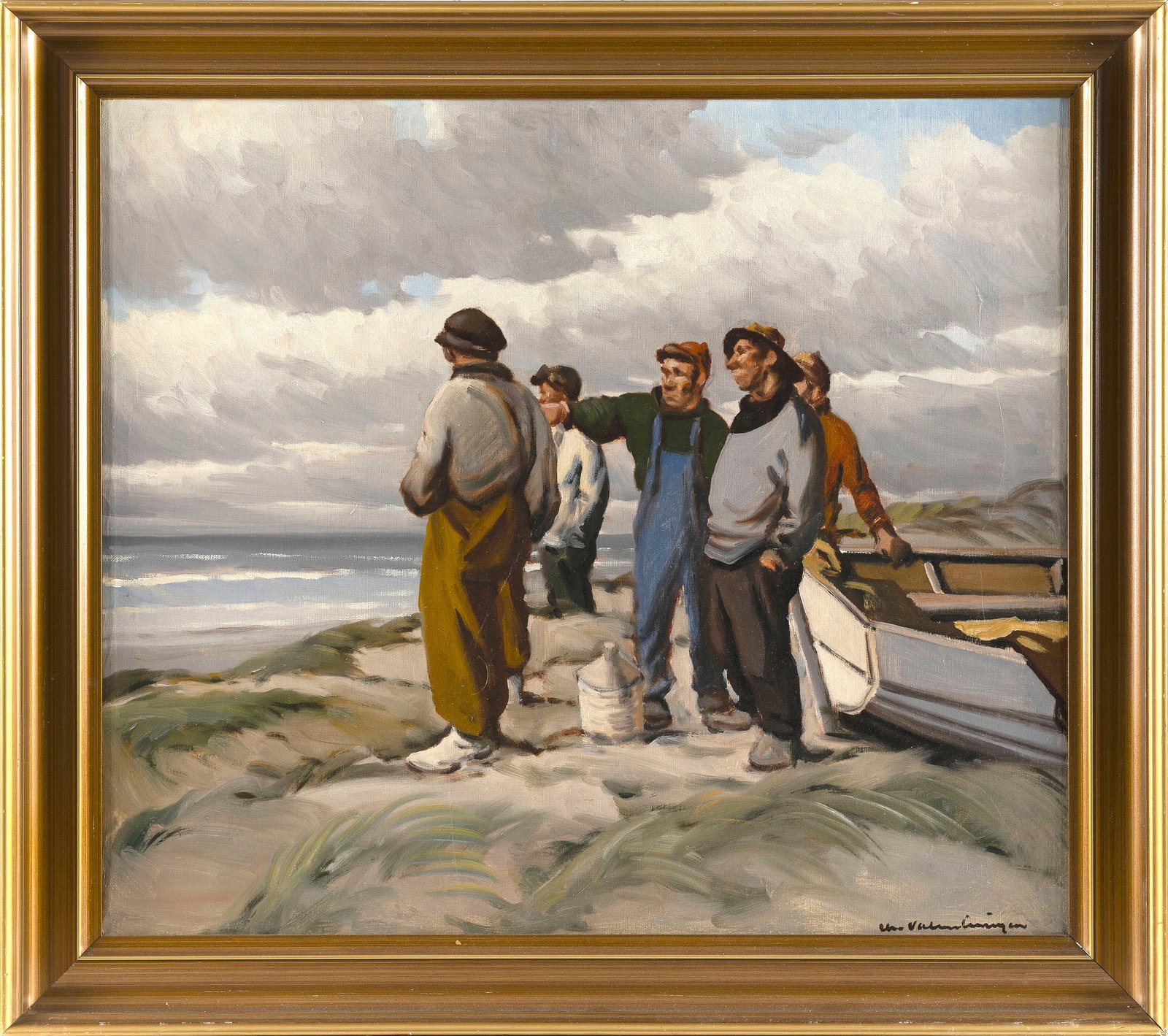 CONTINENTAL SCHOOL (Early 20th Century,), Fishermen on the shore., Oil on canvas, 24" x 27.25". (1 of 2)