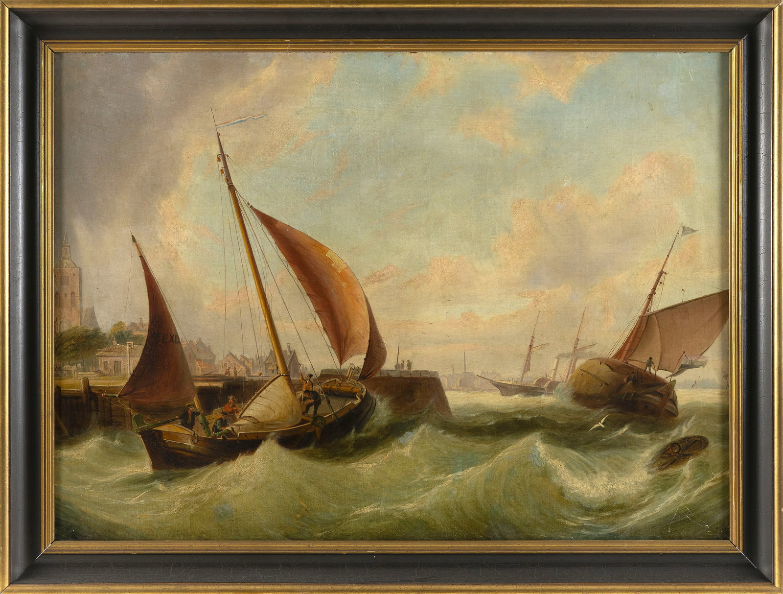 ENGLISH OR CONTINENTAL SCHOOL (19th Century,), Fishing vessels in a choppy harbor., Oil on canvas, (1 of 2)