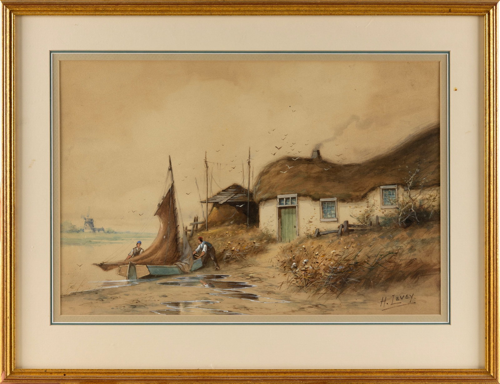H. LEVEY (United Kingdom, 20th Century), Coastal scene with figures hauling a boat., Watercolor on (1 of 2)
