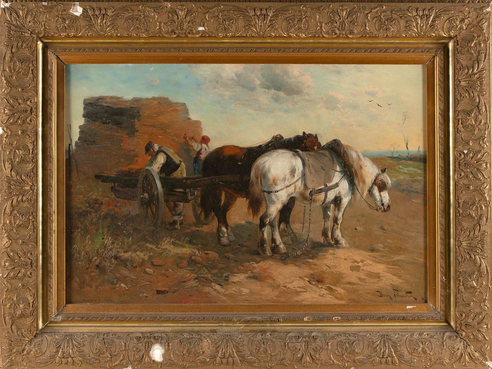 HENRY SCHOUTEN (Belgium/Indonesia, 1859/67-1927), Horse-drawn cart., Oil on canvas, 19.75" x 29.5". (1 of 2)