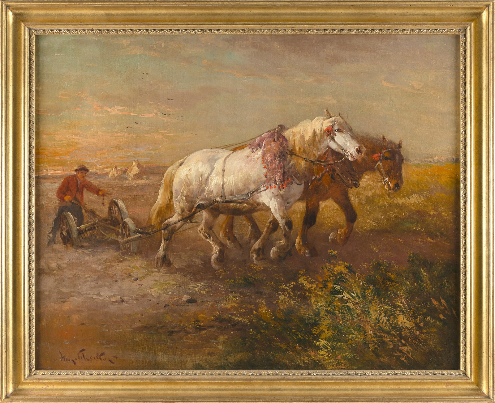 HENRY SCHOUTEN (Belgium/Indonesia, 1859/67-1927), Horses plowing., Oil on canvas, 31.5" x 39". (1 of 2)