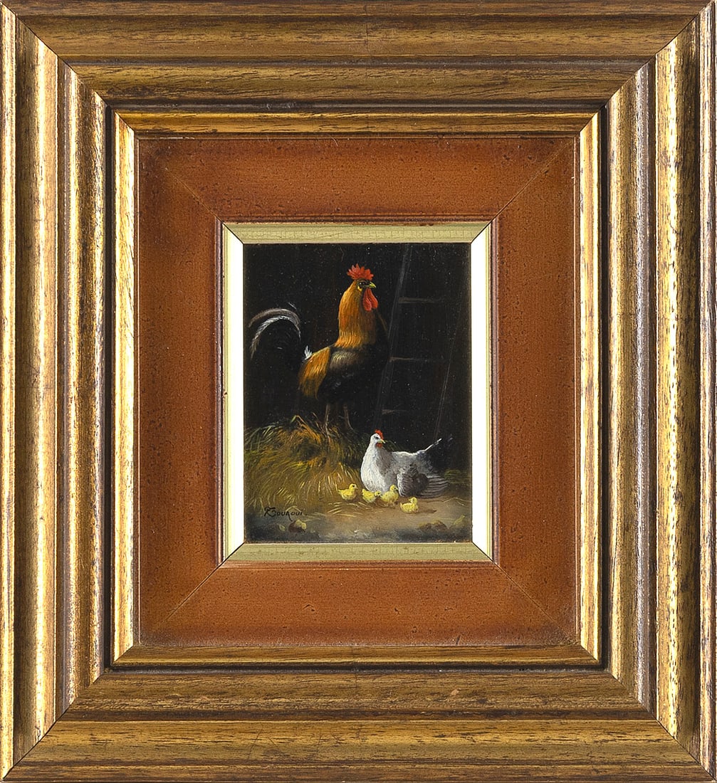 CONTINENTAL SCHOOL (20th Century,), Rooster, hen and chicks., Oil on panel, 4" x 3". Framed 9" x 8". (1 of 2)