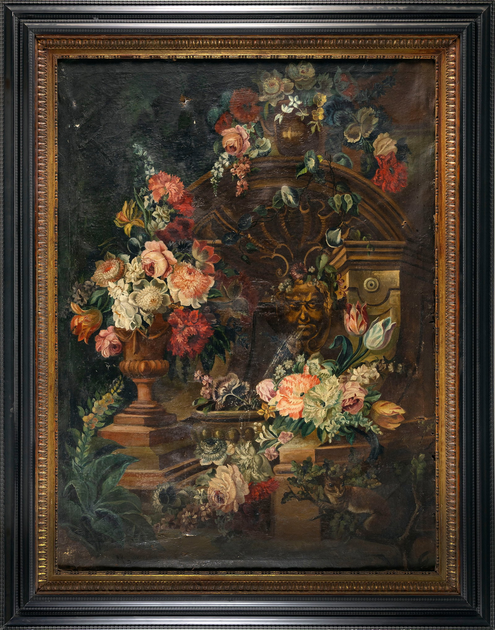 DUTCH SCHOOL (19th Century,), Architectural view with lush flowers., Oil on canvas, 53" x 39". (1 of 2)