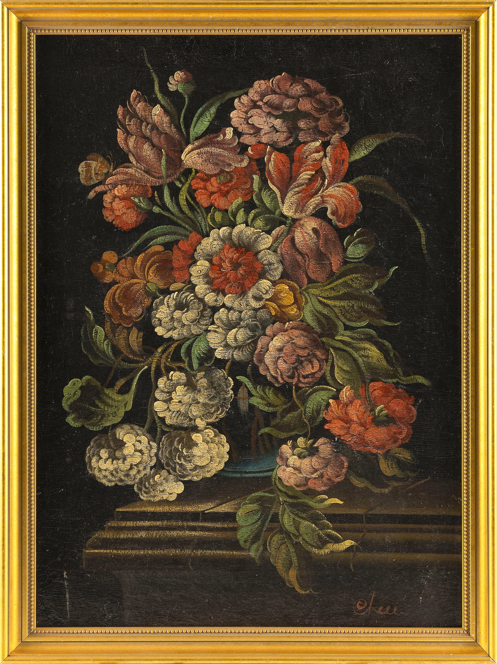 FLEMISH SCHOOL (19th Century,), Still life of flowers., Oil on canvas, 19.75" x 27.5". Framed 22.5" (1 of 2)