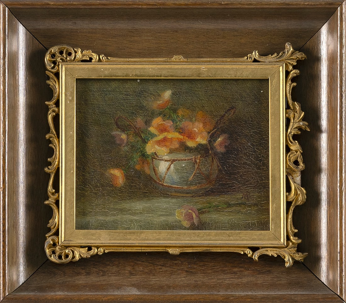 CONTINENTAL SCHOOL (Late 19th Century,), Still life of delicate yellow flowers., Oil on board, 4" x: CONTINENTAL SCHOOL Late 19th Century Still life of delicate yellow flowers. Signed lower right "AB" (signature untraced). Oil on board, 4" x 5". Framed 7.5" x 8.5".