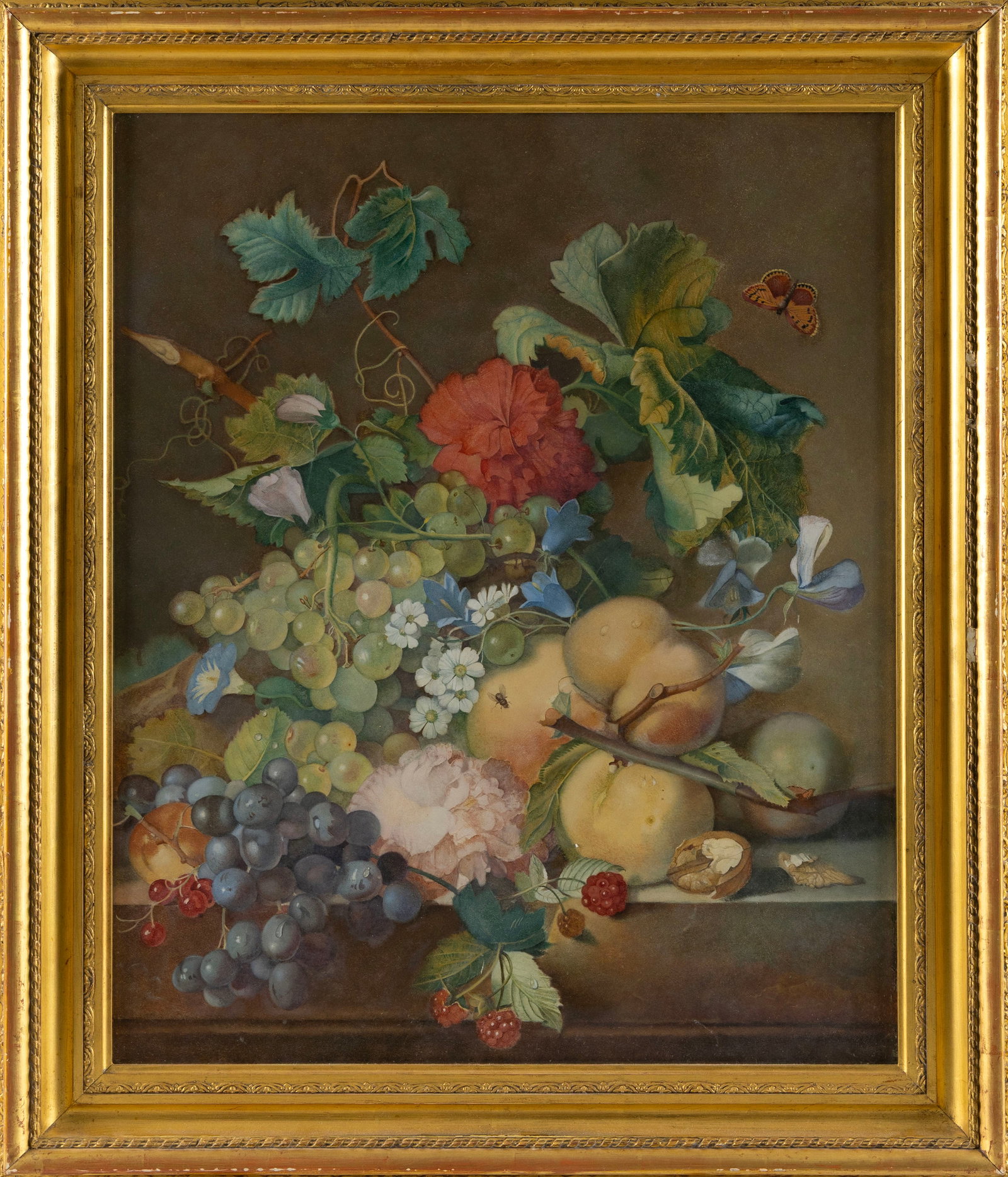 CONTINENTAL SCHOOL (19th Century,), Still life of flowers and fruit., Watercolor on paper mounted to (1 of 2)