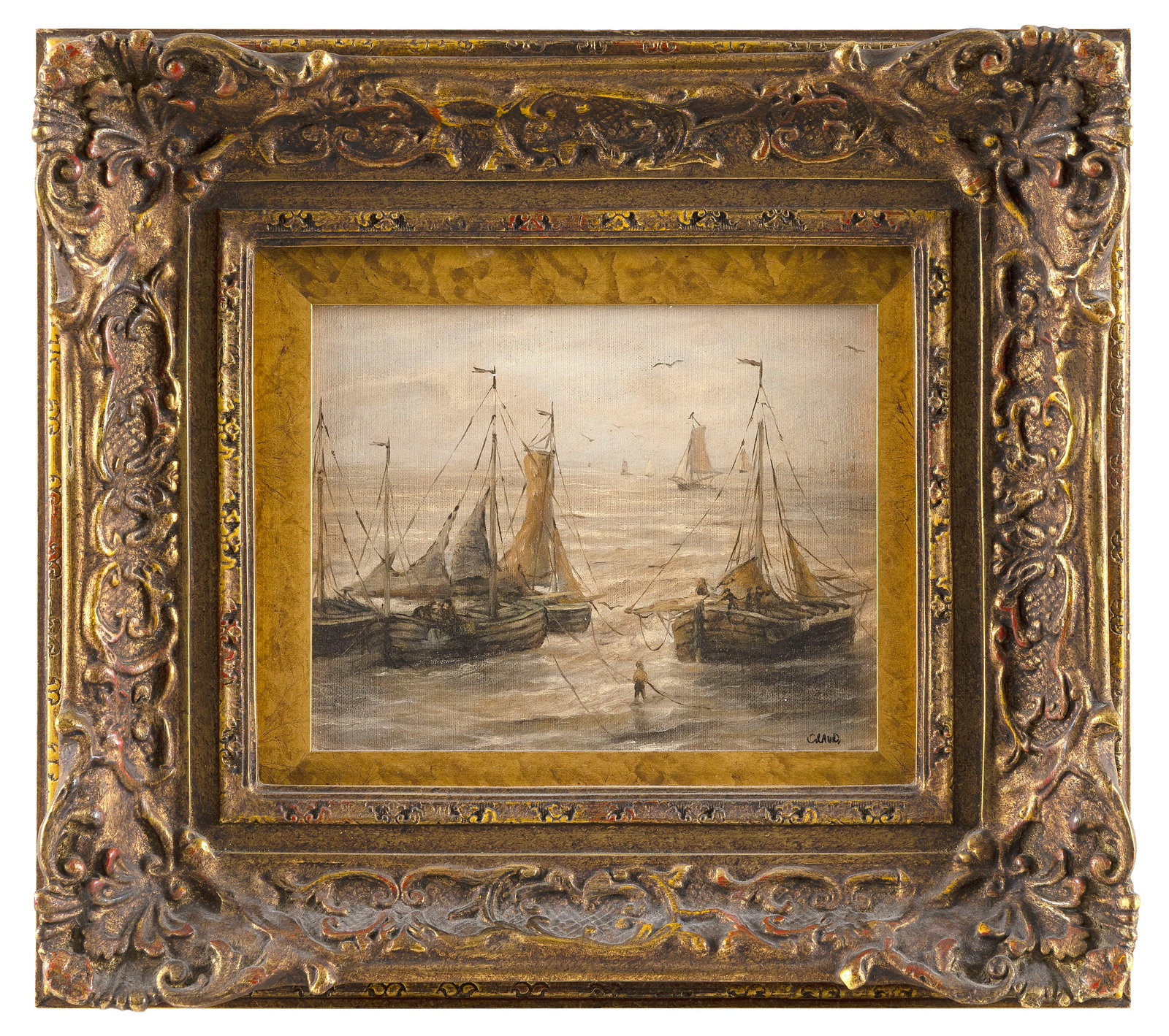 DUTCH SCHOOL (20th Century,), Fishing boats., Oil on canvas, 8" x 10". Framed 17" x 19". (1 of 2)