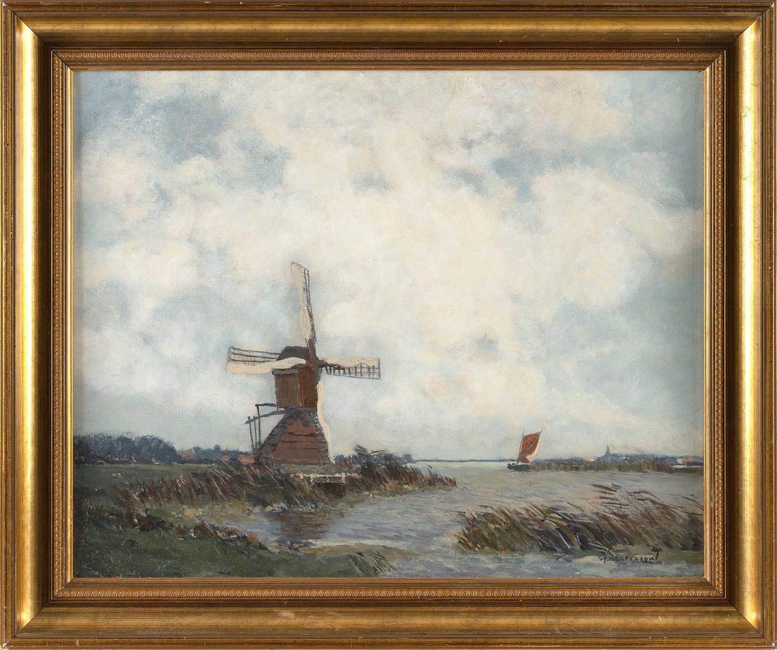 GERARDUS JOHANNES DELFGAAUW (The Netherlands, 1882-1947), Dutch landscape with windmill., Oil on: GERARDUS JOHANNES DELFGAAUW The Netherlands, 1882-1947 Dutch landscape with windmill. Signed lower right "W. Delfgaauw". Oil on canvas, 16" x 20". Framed 19.5" x 23.5".