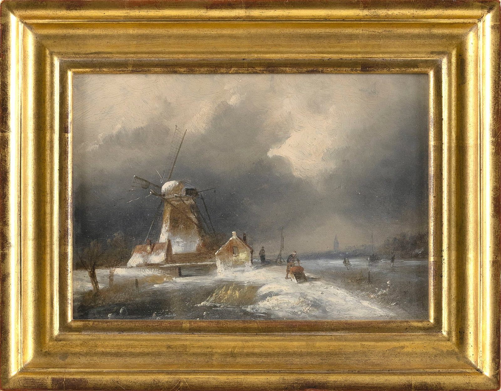 DUTCH SCHOOL (19th Century,), Wintry scene of a windmill and figures on a canal., Oil on board, 7.5" (1 of 2)