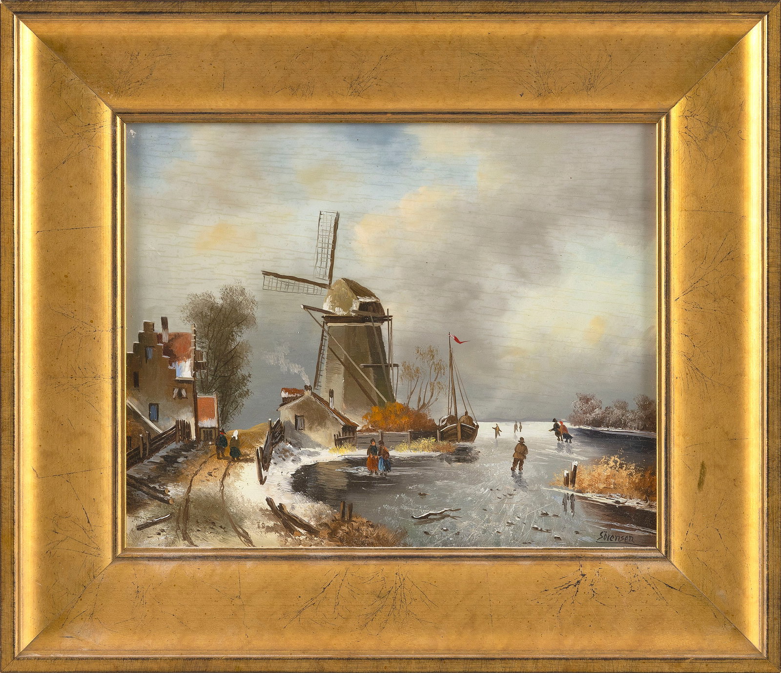 DUTCH SCHOOL-STYLE (19th Century,), Figural landscape with frozen river and windmill., Oil on board,: DUTCH SCHOOL-STYLE 19th Century Figural landscape with frozen river and windmill. Signed lower right "Sorensen". Oil on board, 9.75" x 11.5". Framed 14.5" x 16.5".