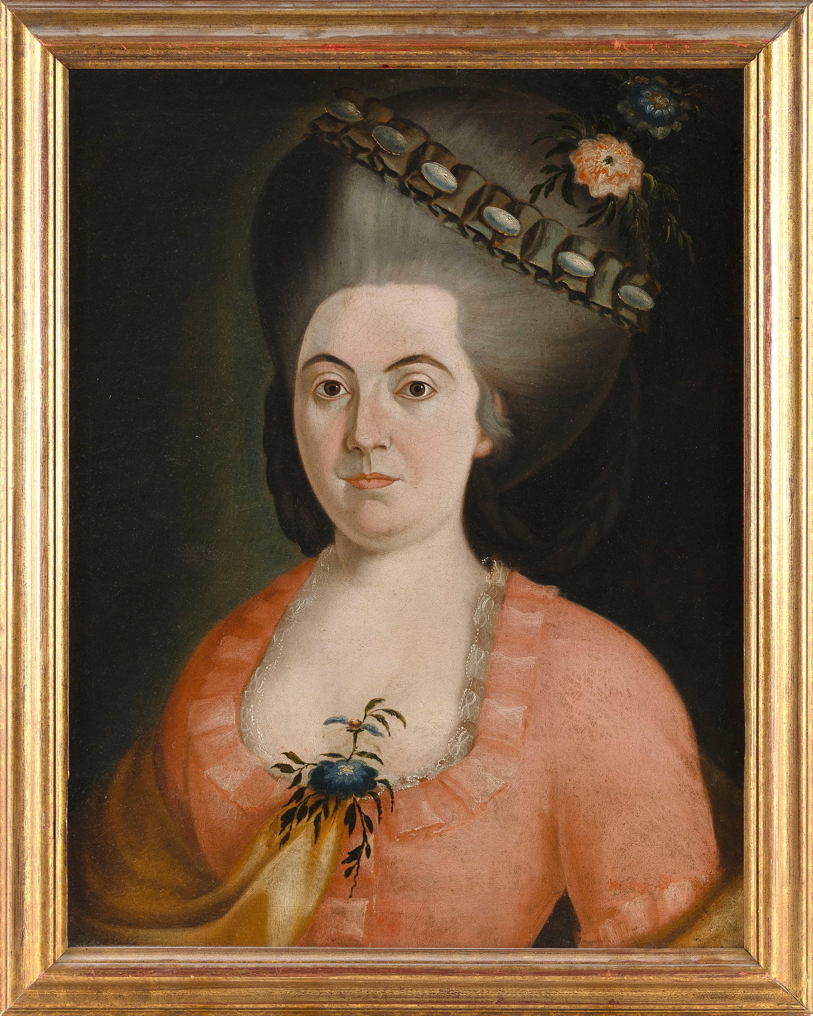 AMERICAN OR ENGLISH SCHOOL (18th Century,), Portrait of a woman wearing a pink dress, yellow shawl (1 of 2)