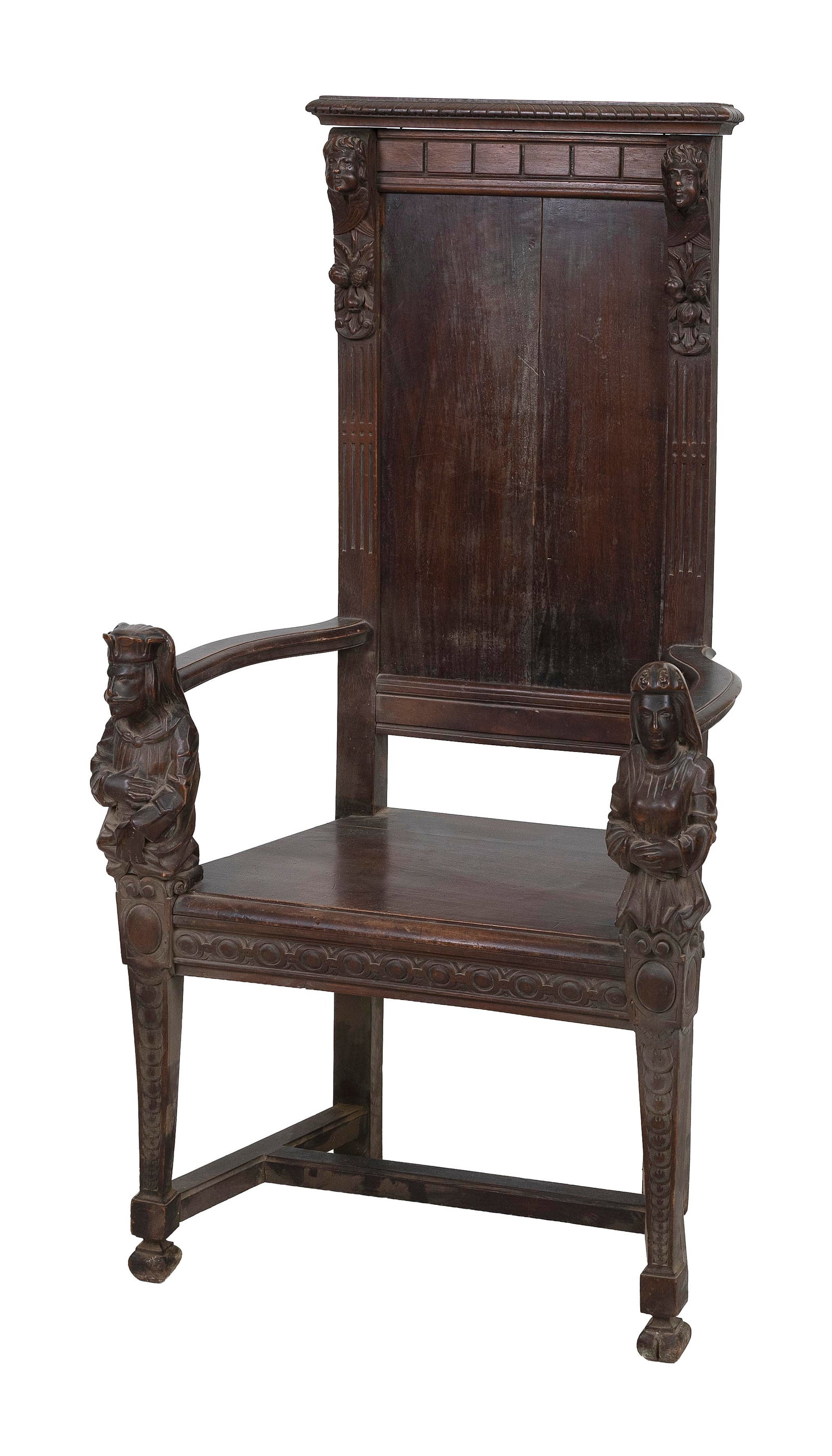 JACOBEAN-STYLE WALNUT WAINSCOT CHAIR Circa 1900 Back height 52". Seat height 19". (1 of 1)
