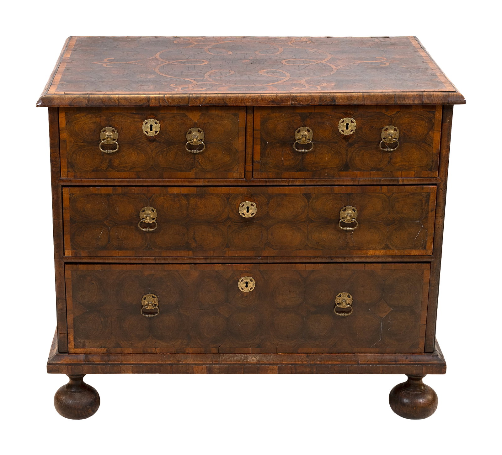 BURL WALNUT AND MARQUETRY CHEST, PROBABLY ENGLISH Early 18th Century Height 31". Width 35.5". Depth (1 of 2)
