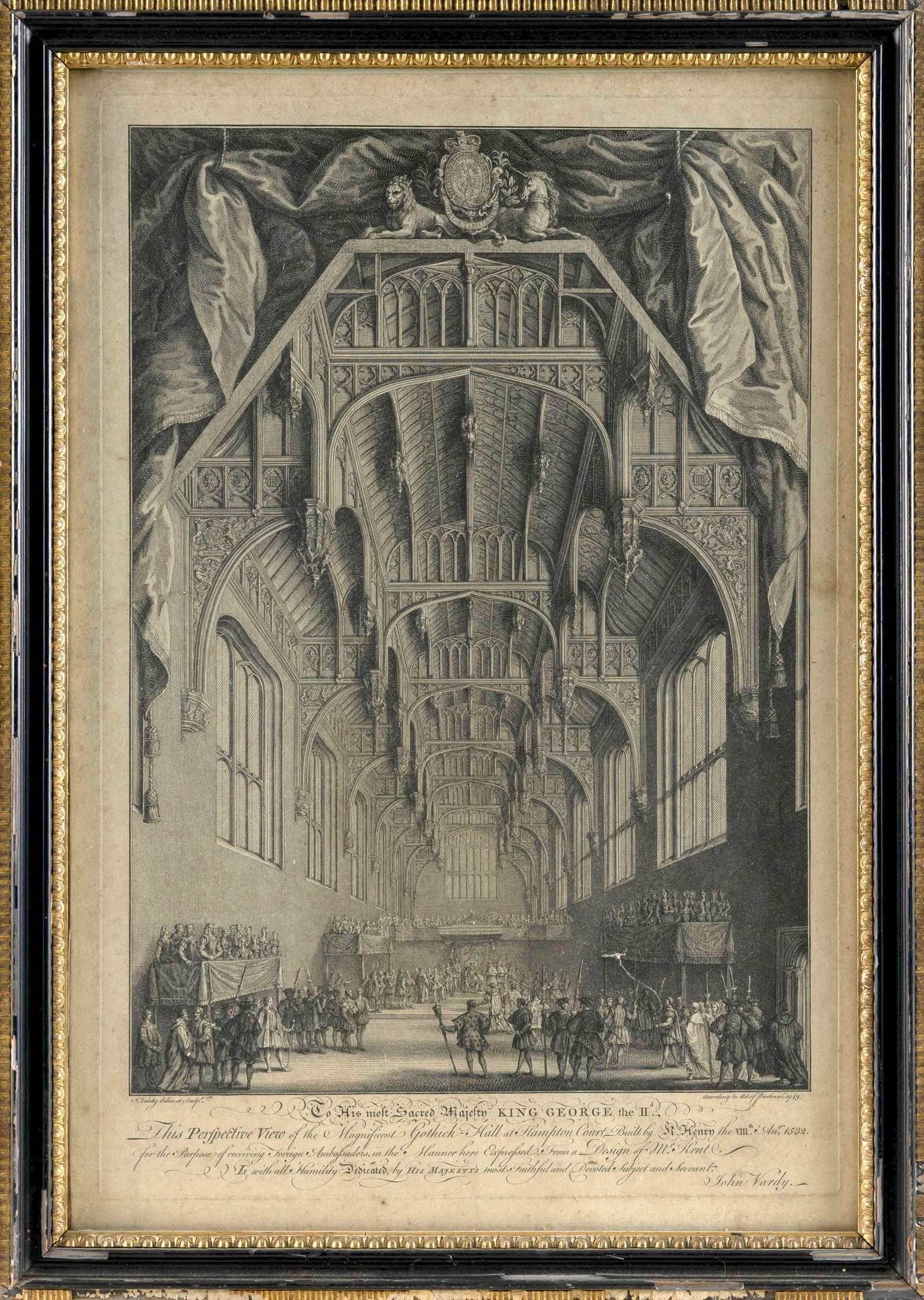 ENGRAVING "THE PERSPECTIVE VIEW OF THE MAGNIFICENT GOTHICK HALL AT HAMPTON COURT, 1749" England,: ENGRAVING "THE PERSPECTIVE VIEW OF THE MAGNIFICENT GOTHICK HALL AT HAMPTON COURT, 1749" England, 18th Century After John Vardy. 21.5" x 14.5" sight. Framed 24" x 17".