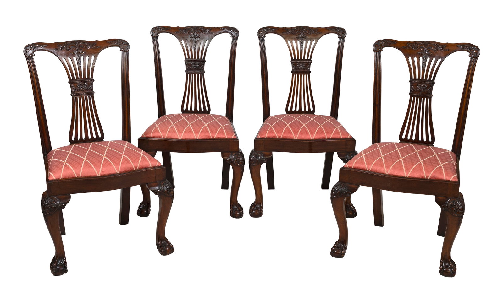 SET OF FOUR GEORGIAN-STYLE WALNUT SIDE CHAIRS Back height 38.75". Seat heights 19".: SET OF FOUR GEORGIAN-STYLE WALNUT SIDE CHAIRS Nicely carved crest rails. Cabriole legs end in claw & ball feet. Back height 38.75". Seat heights 19". Provenance: Private Collection, Ohio.