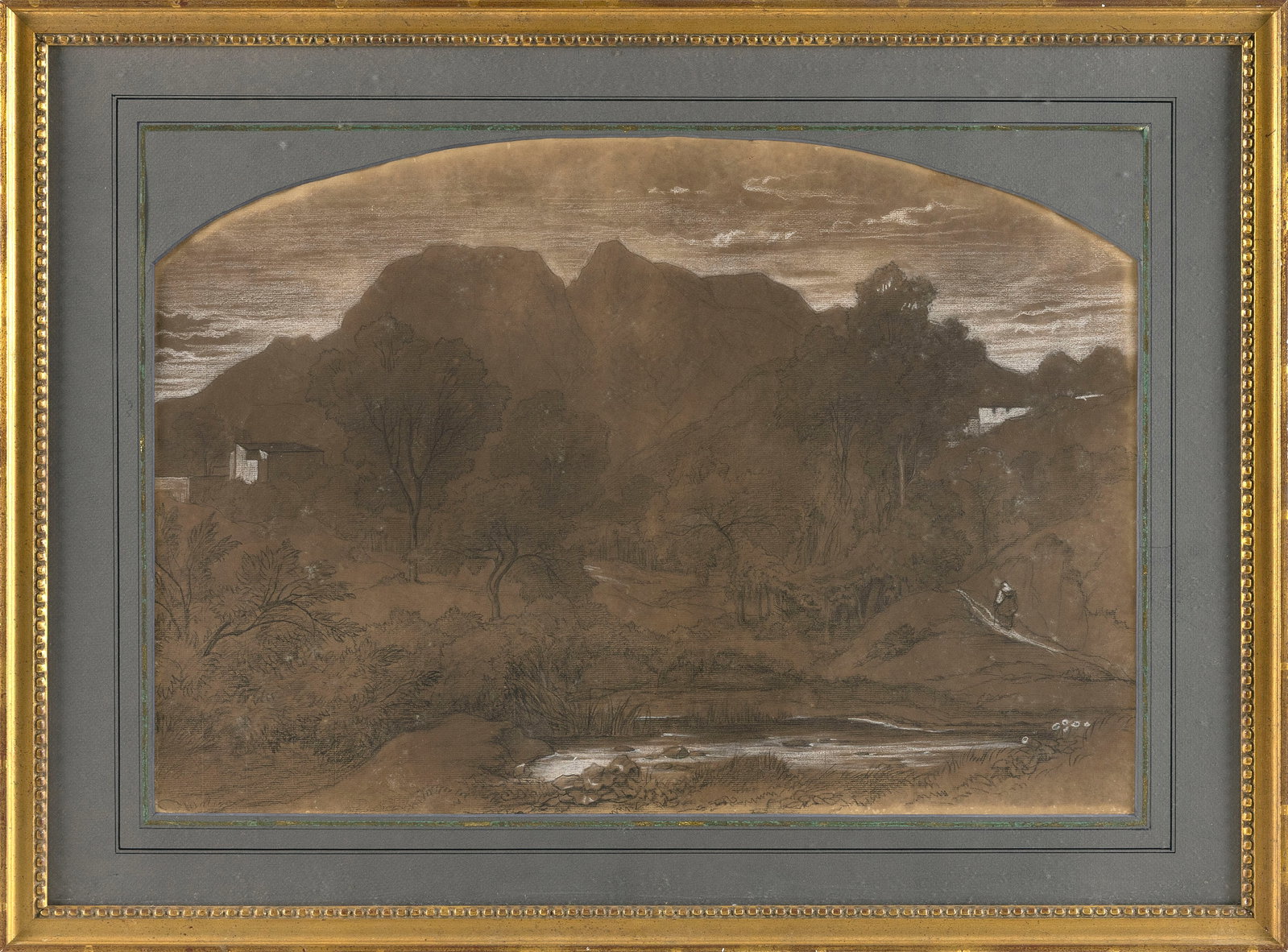ATTRIBUTED TO EDOUARD BERTIN (France, 1797-1871), Hillside town with figure in the foreground.,: ATTRIBUTED TO EDOUARD BERTIN France, 1797-1871 Hillside town with figure in the foreground. Unsigned. Mixed media with white heightening on laid paper, 15.25" x 21.75". Framed 21" x 28".