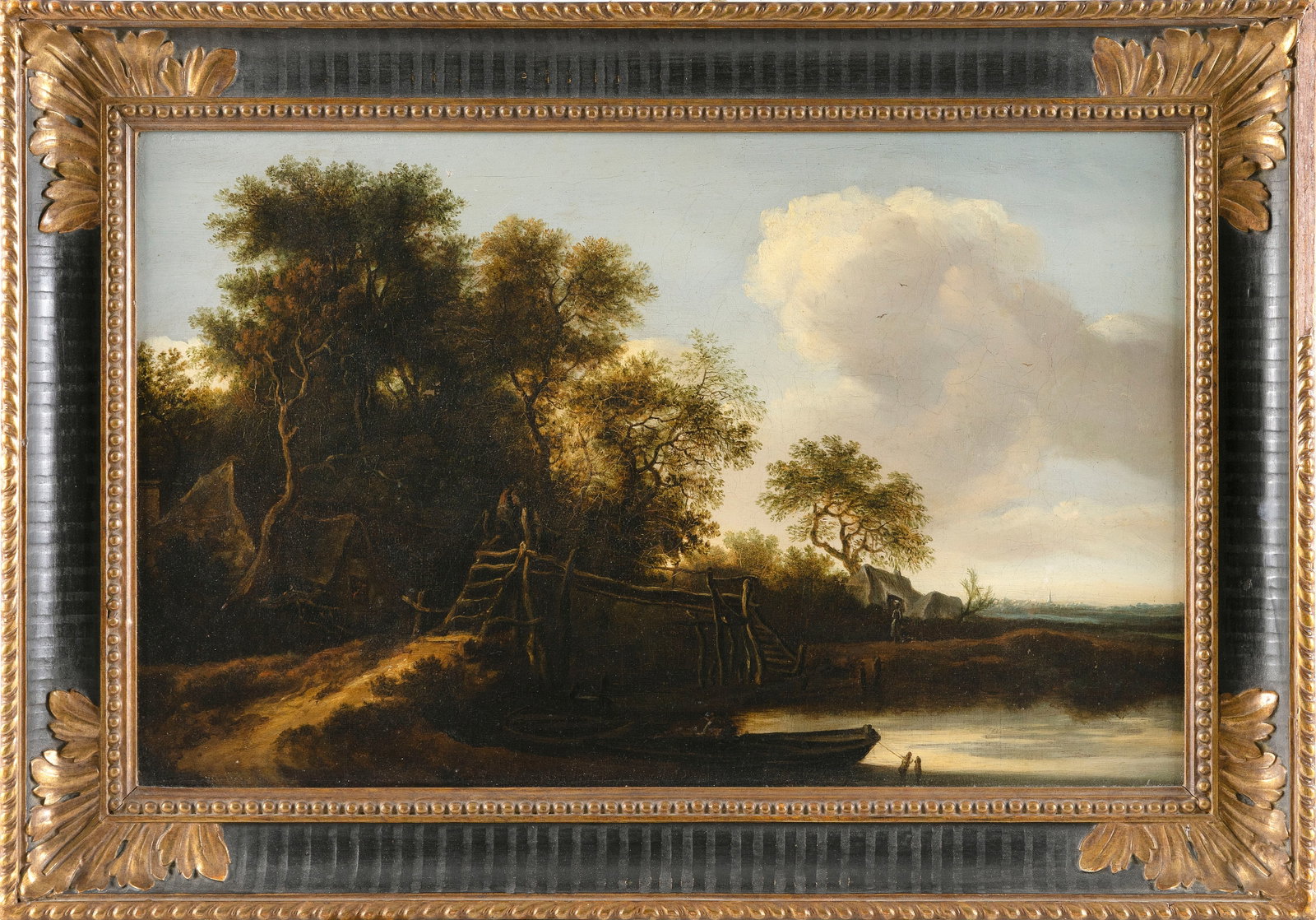 CONTINENTAL SCHOOL (19th Century,), Shore landscape with figures and distant village., Oil on (1 of 2)