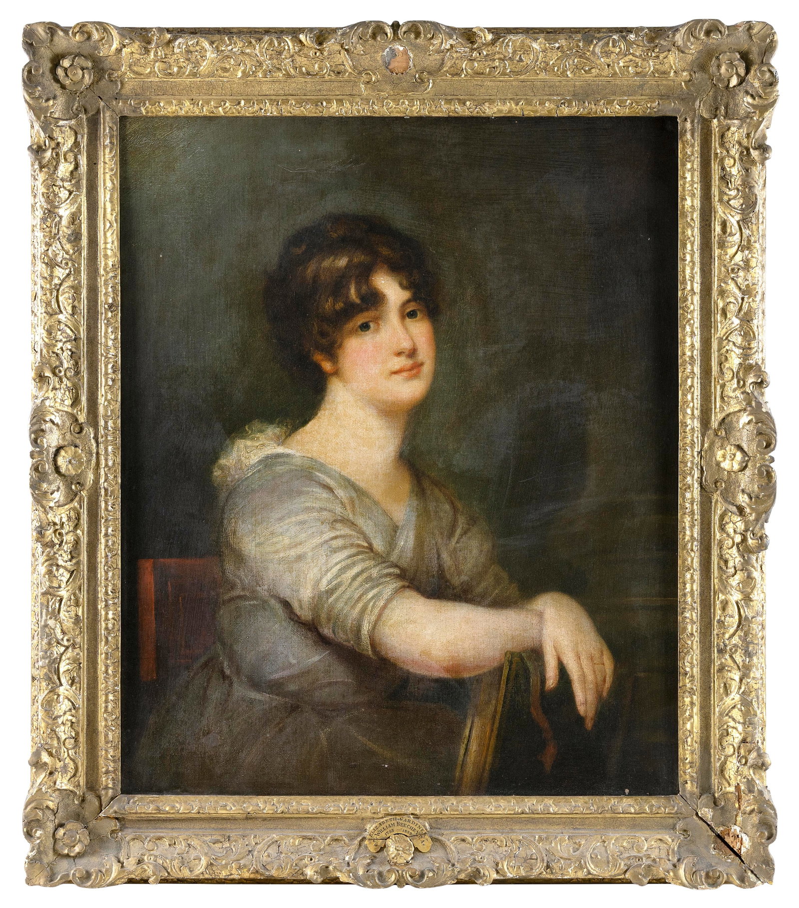 SIR WILLIAM BEECHEY (United Kingdom, 1753-1839), Portrait of Elizabeth Gardiner, Oil on canvas, 30": SIR WILLIAM BEECHEY United Kingdom, 1753-1839 Portrait of Elizabeth Gardiner seated on a chair and with a black urn in the background. Inscribed center right "Eliza Gardiner AD 1802 Age 28". Oil on ca