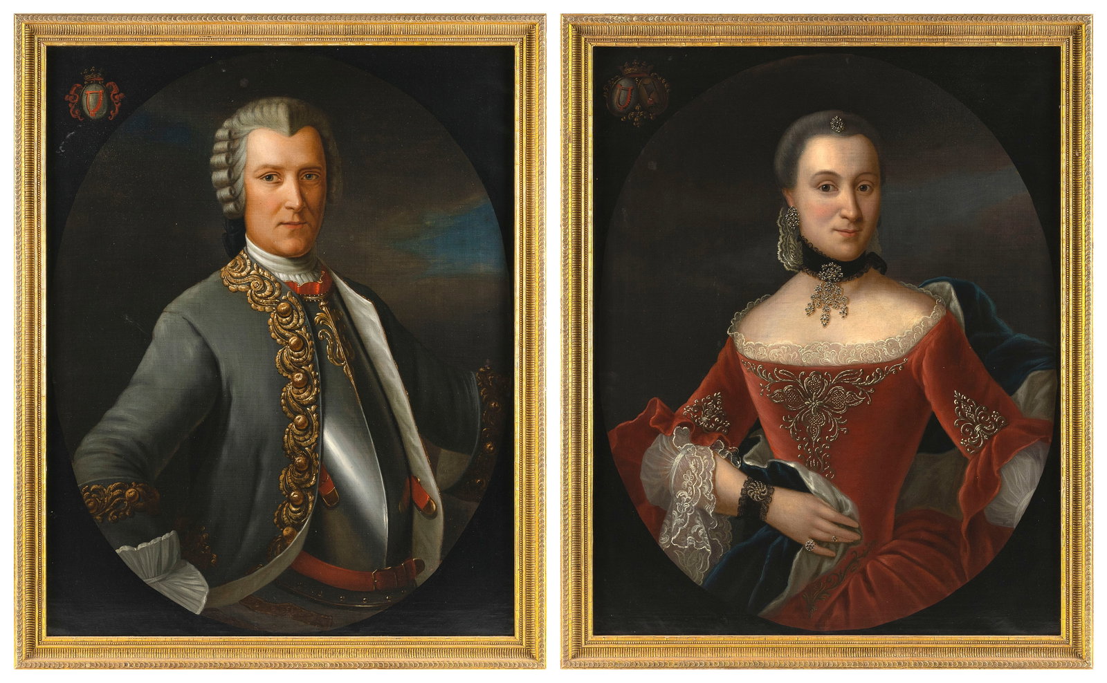 CONTINENTAL SCHOOL (19th Century,), Pair of portraits, the woman in a red dress and the man in a (1 of 5)