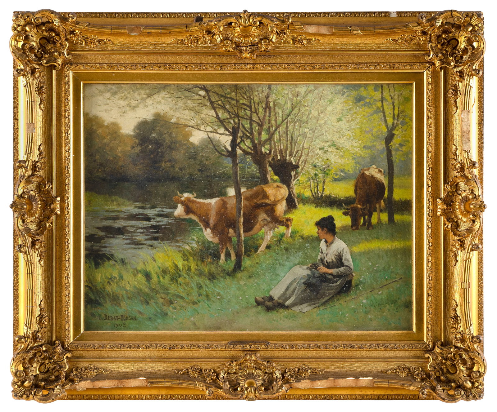 EDOUARD DEBAT-PONSAN (France, 1847-1913), A woman and cattle on a riverbank., Oil on canvas, 19.75": EDOUARD DEBAT-PONSAN France, 1847-1913 A woman and cattle on a riverbank. Signed lower left "E. Debat-Ponsan". Oil on canvas, 19.75" x 26". Framed 30" x 35.75".