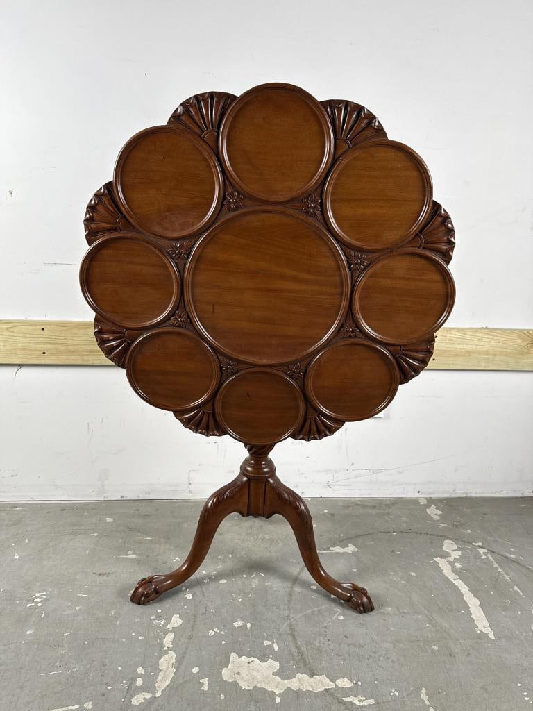 CHIPPENDALE-STYLE MAHOGANY TILT-TOP SUPPER OR SERVING TABLE 20th Century Height 27.5". Diameter 32". (1 of 6)