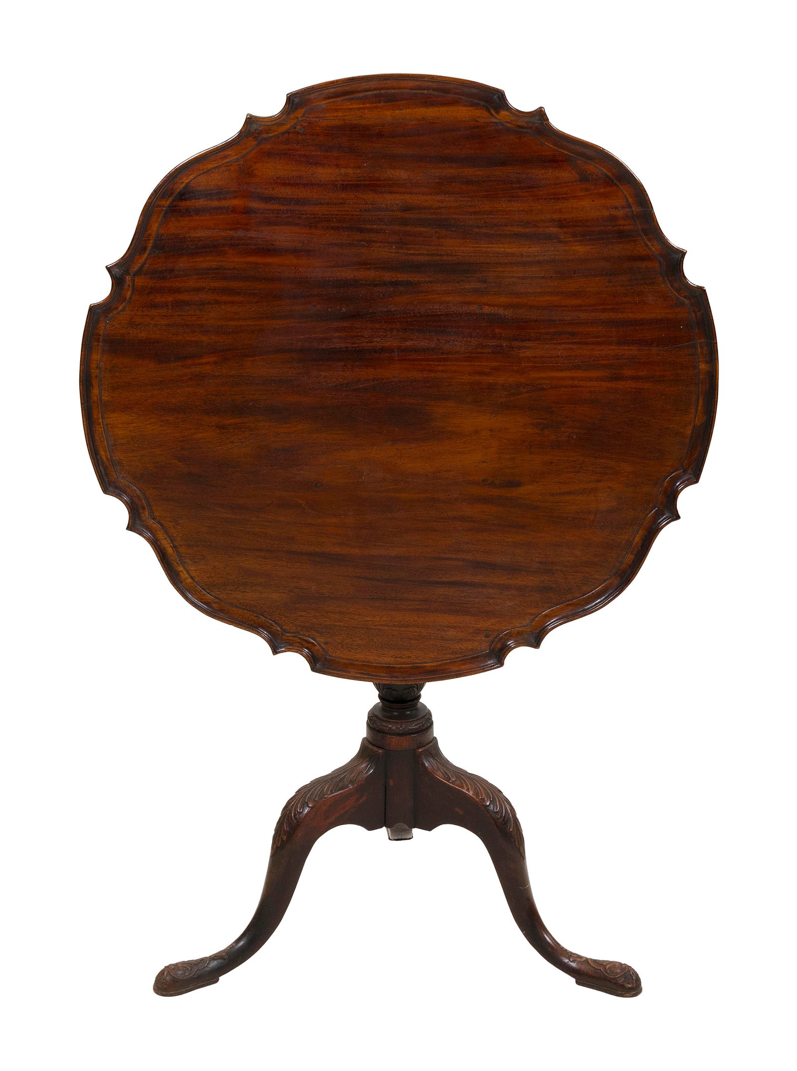 CHIPPENDALE-STYLE RIBBON MAHOGANY PIECRUST TILT-TOP TEA TABLE 19th Century Height 28.5". Diameter (1 of 1)