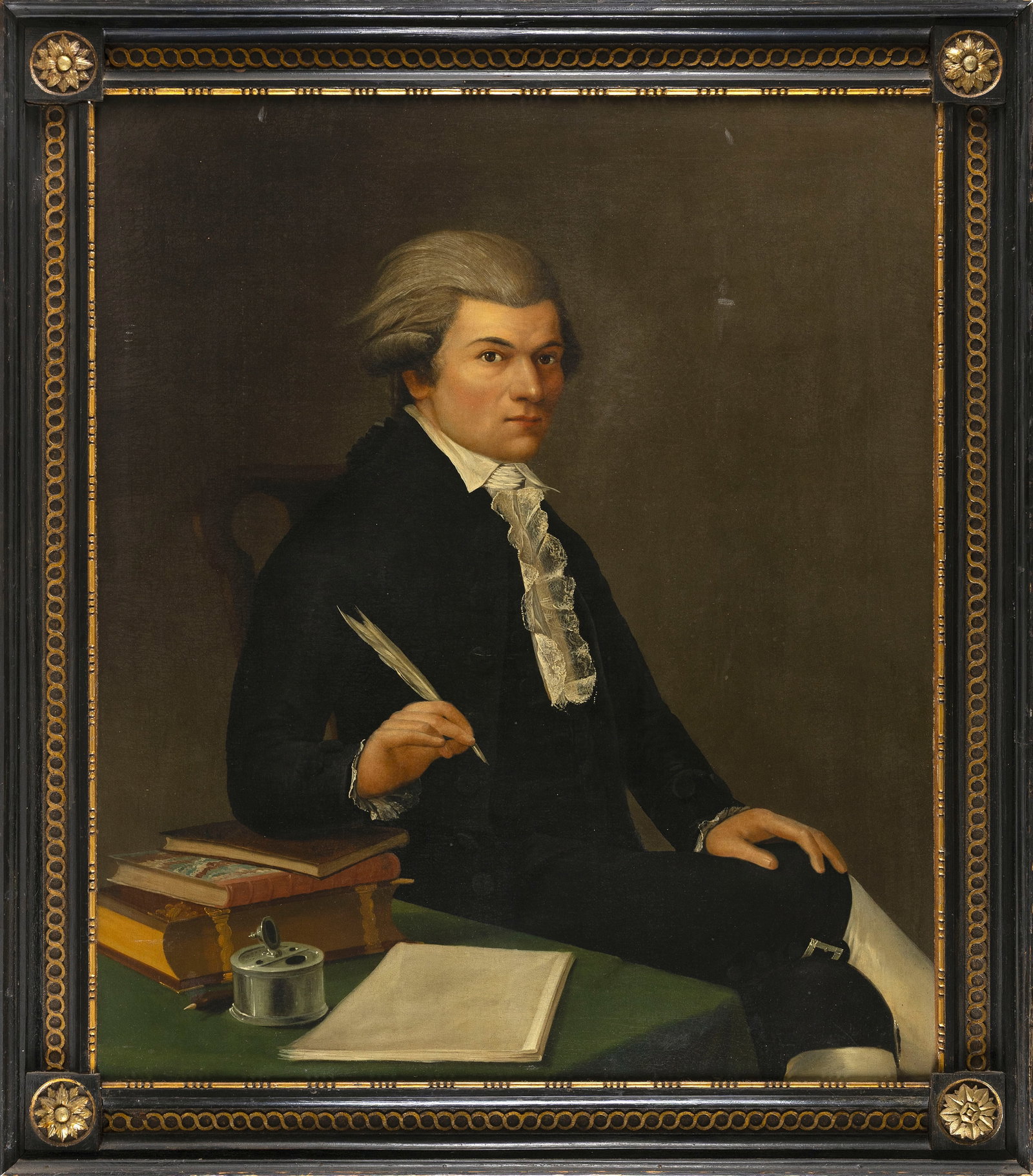 18TH CENTURY-STYLE PORTRAIT OF A GENTLEMAN 19th Century Oil on canvas, 41" x 35". Framed 47.5" x: 18TH CENTURY-STYLE PORTRAIT OF A GENTLEMAN 19th Century Seated at a desk and holding a quill pen. Unsigned. Oil on canvas, 41" x 35". Framed 47.5" x 42". Provenance: The Estate of Paul and Diane Madde