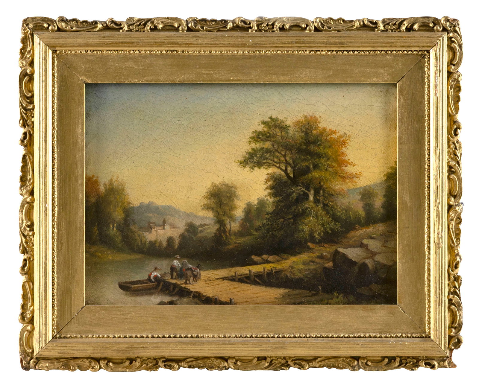 CONTINENTAL SCHOOL (19th Century,), Figures on the dock of a rural lake., Oil on canvas, 7.25" x (1 of 2)