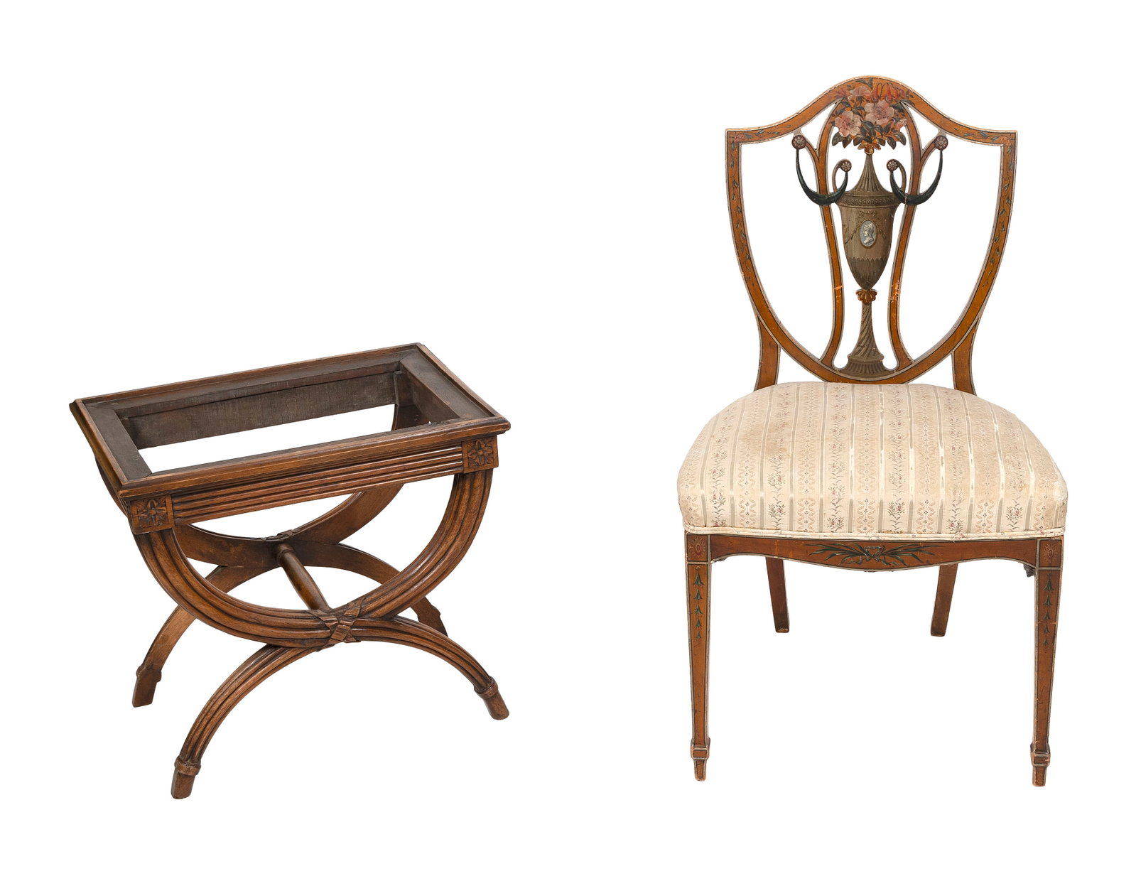 HEPPLEWHITE-STYLE CHAIR AND A REGENCY-STYLE STOOL 20th Century Chair back height 36". Stool height (1 of 2)
