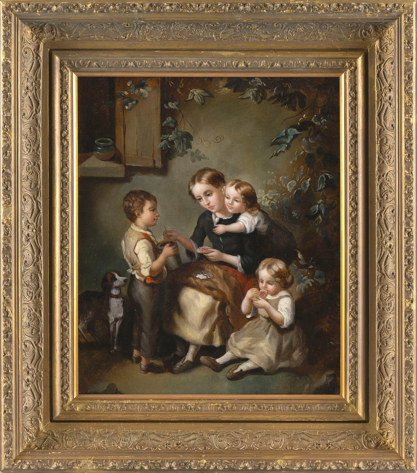 CONTINENTAL SCHOOL (19th Century,), A woman, children and a dog having bread and jam., Oil on (1 of 2)