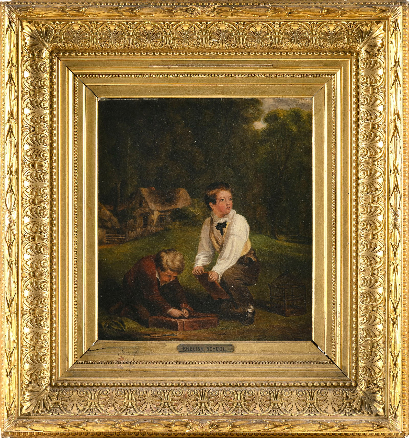 ATTRIBUTED TO WILLIAM HEMSLEY (United Kingdom, 1819-1906), Setting a trap., Oil on canvas, 15" x (1 of 2)