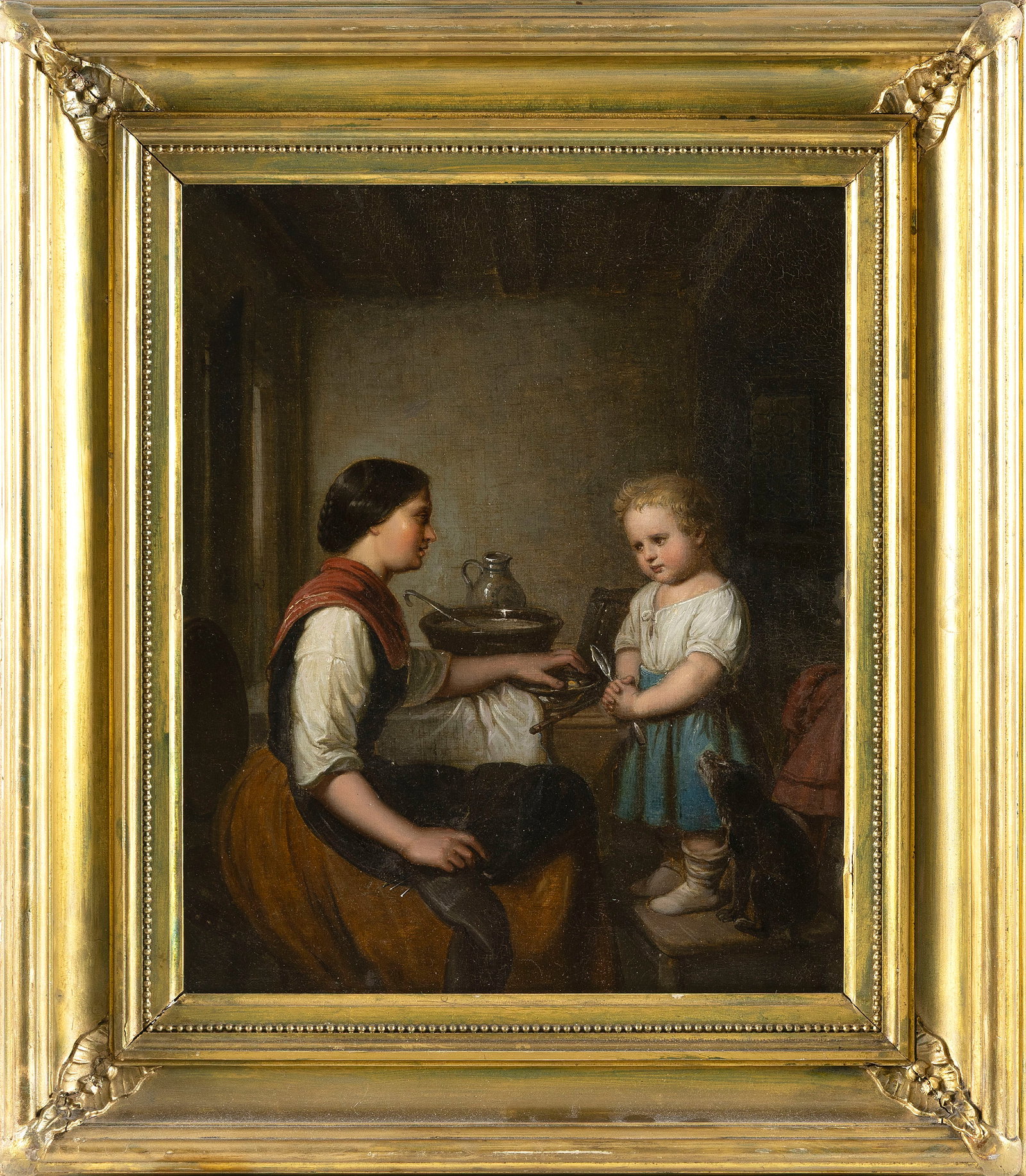 CONTINENTAL SCHOOL (19th Century,), Interior scene with a woman, a child and a small dog., Oil on (1 of 2)