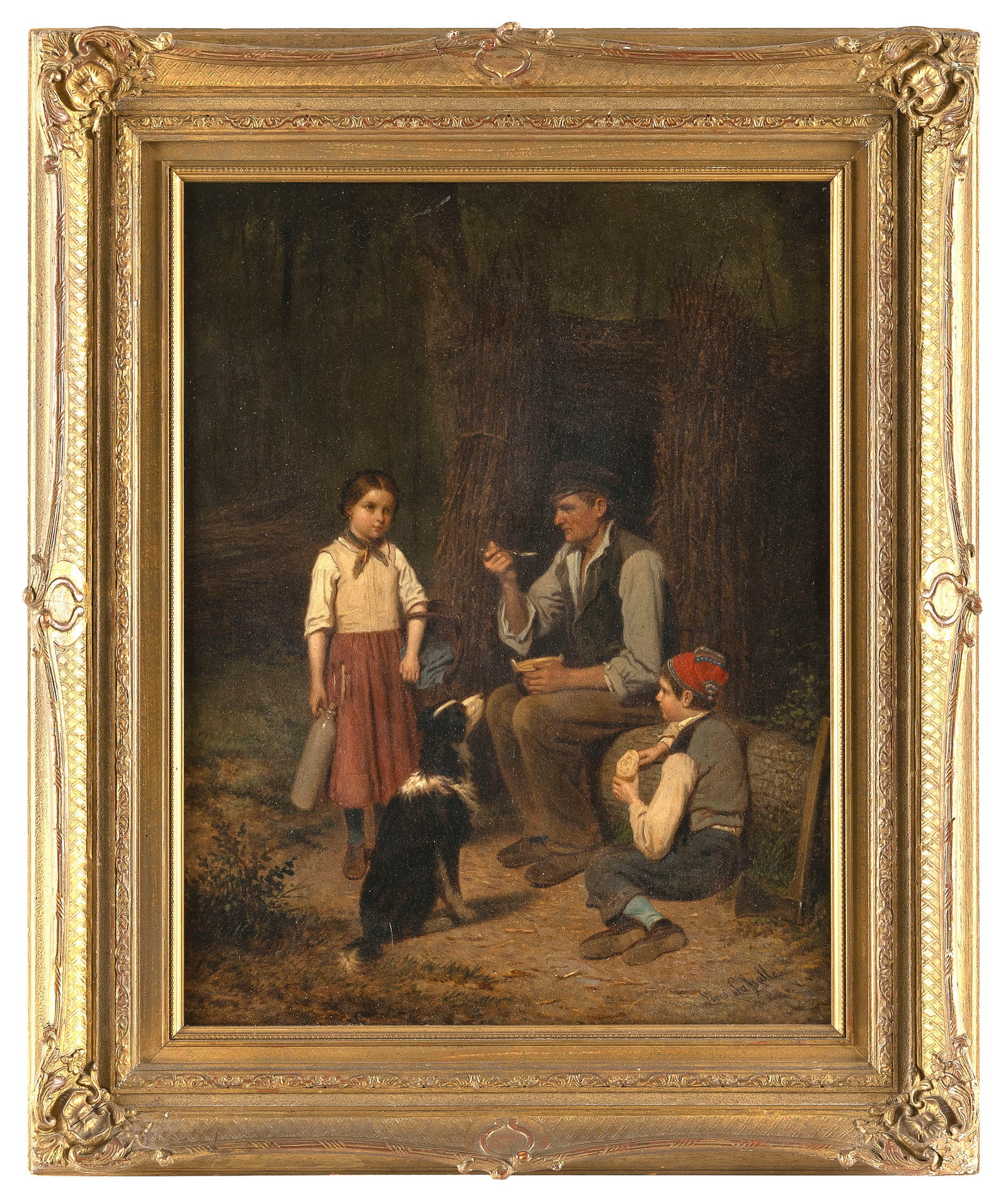 LOUIS SIMON CABAILLOT LASSALLE (France, 1808-1885), Three figures in a landscape, with their dog: LOUIS SIMON CABAILLOT LASSALLE France, 1808-1885 Three figures in a landscape, with their dog begging for food. Signed lower right "Louis Lassalle". Oil on board, 17.5" x 13.5" sight. Framed 25" x